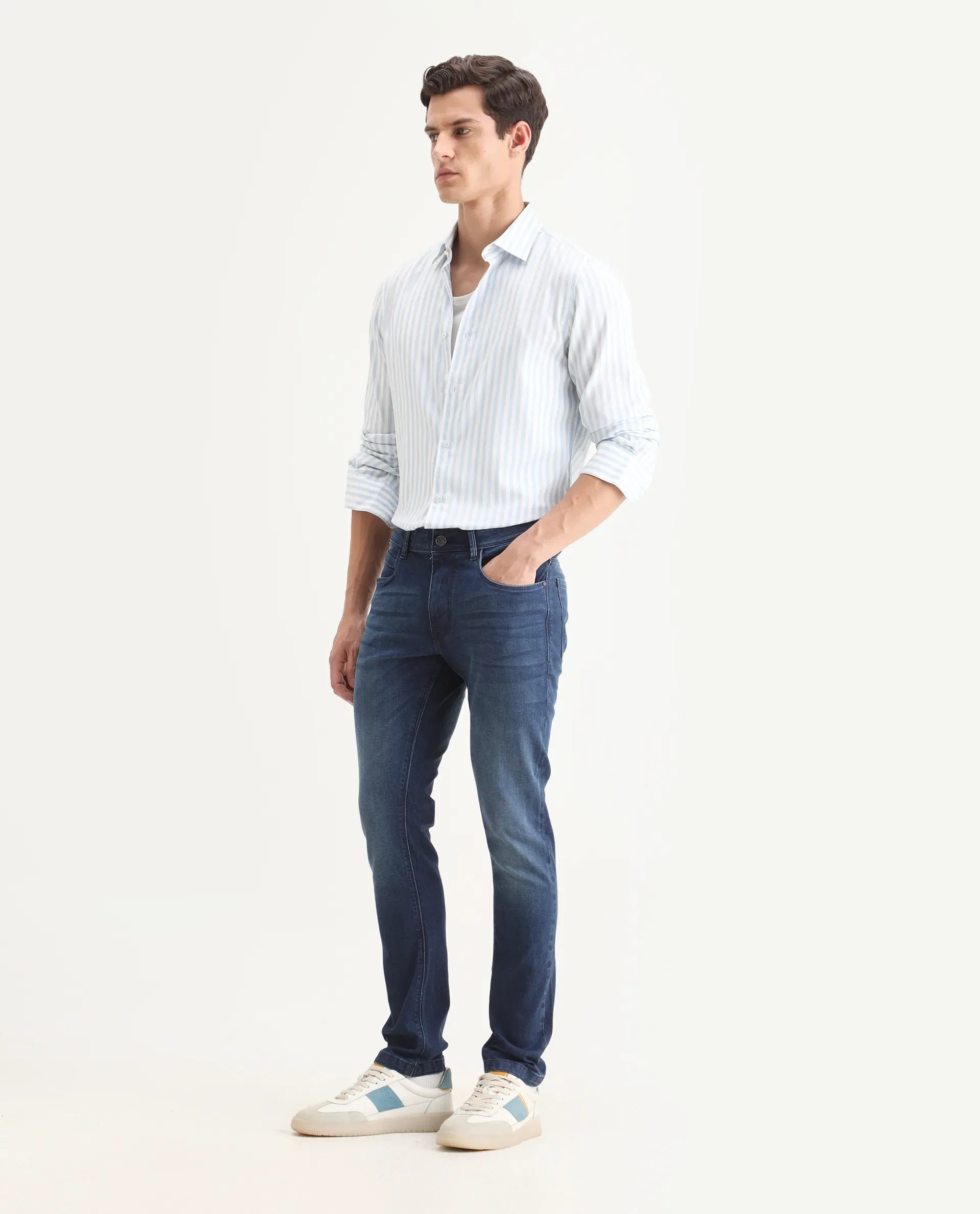Rare Rabbit Men's Night Dusky Blue Cotton Plain Hawk Slim Fit Jeans - Image 5
