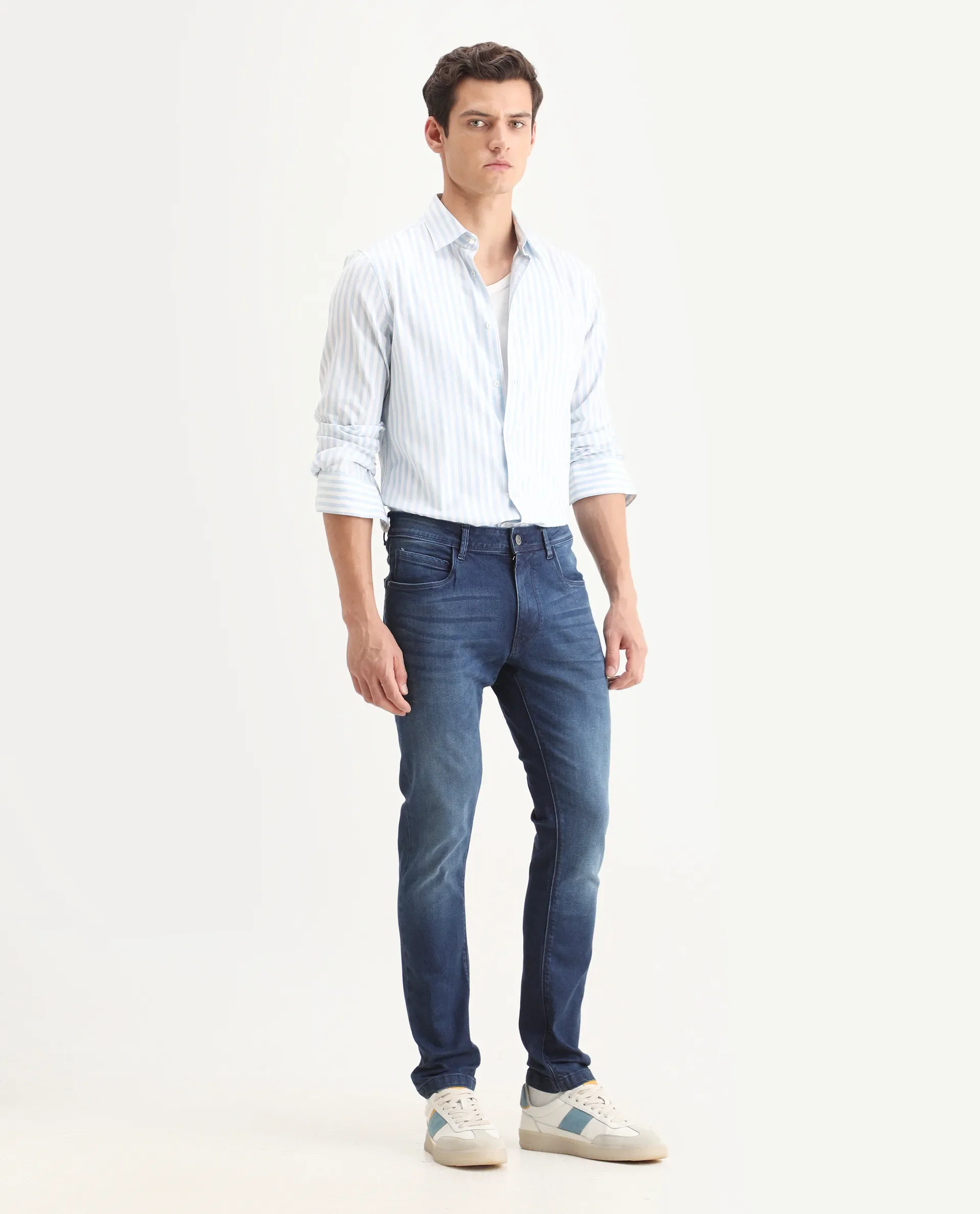 Rare Rabbit Men's Night Dusky Blue Cotton Plain Hawk Slim Fit Jeans - Image 7