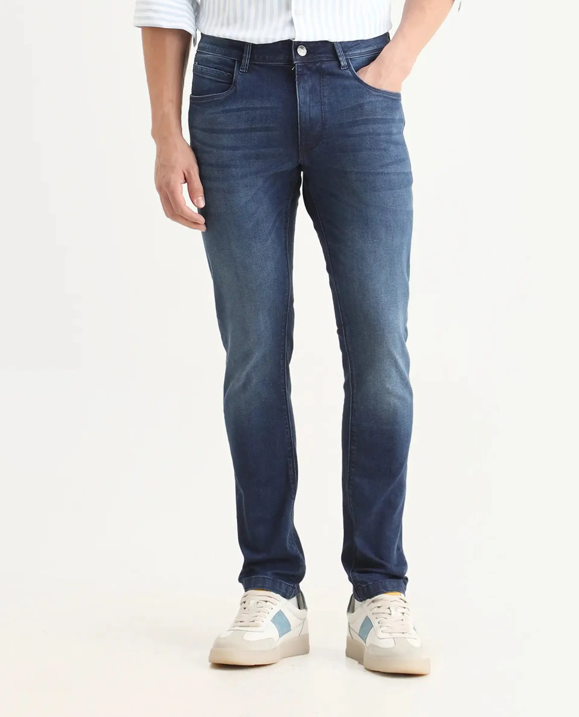 Rare Rabbit Men's Night Dusky Blue Cotton Plain Hawk Slim Fit Jeans - Image 9
