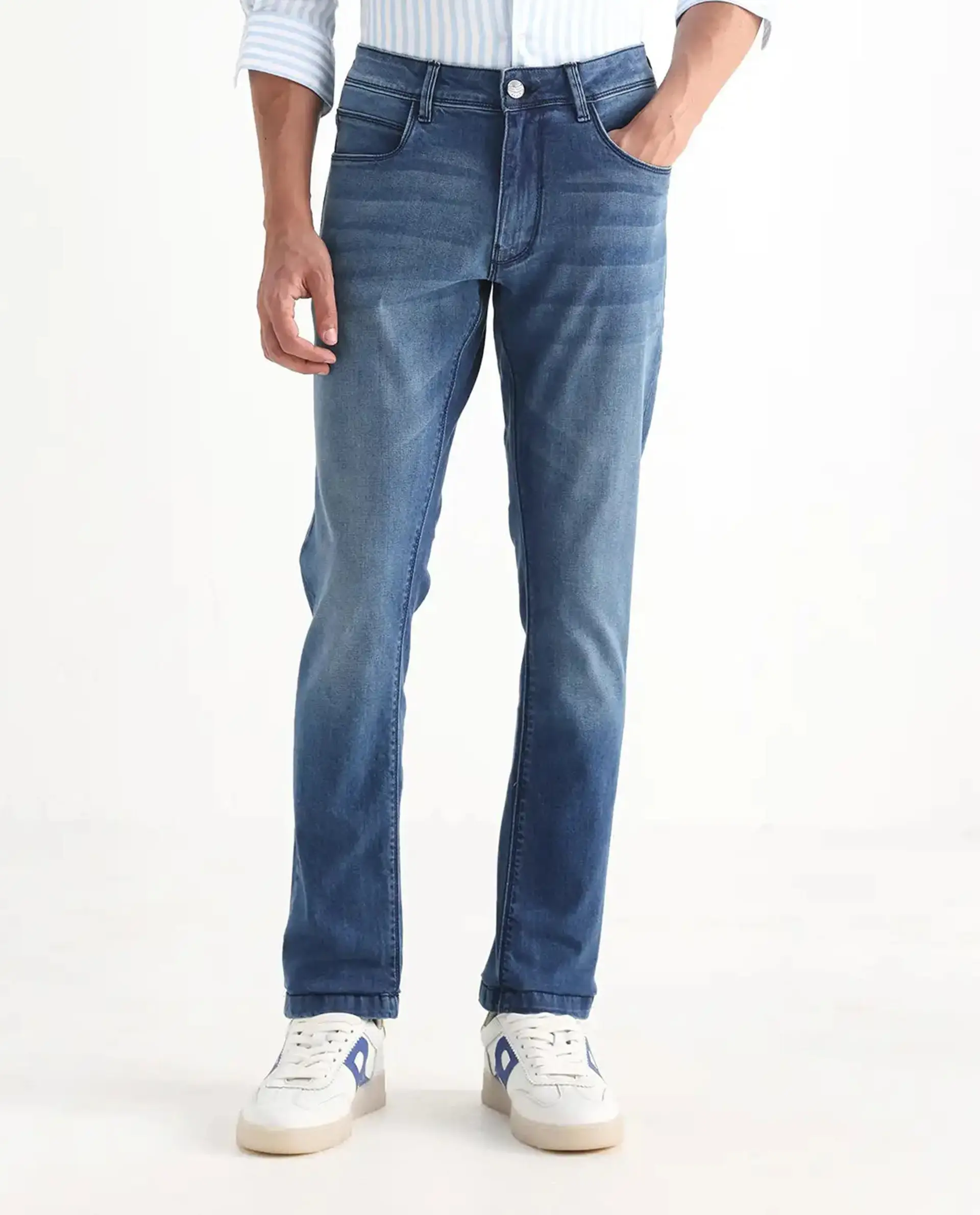 Rare Rabbit Men's Night Light Blue Cotton Plain Hawk Slim Fit Jeans - Image 10