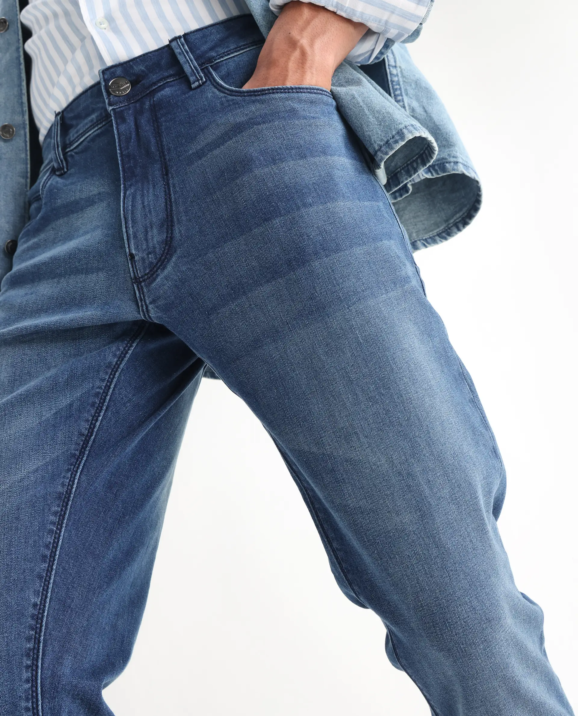 Rare Rabbit Men's Night Light Blue Cotton Plain Hawk Slim Fit Jeans - Image 2