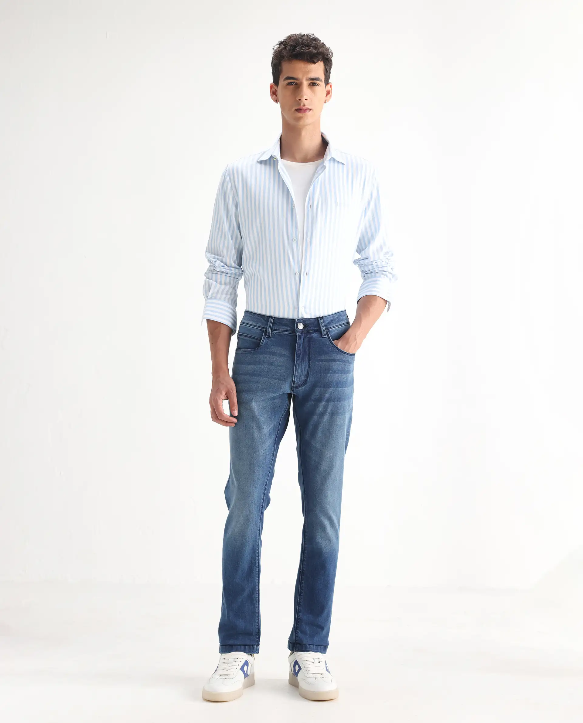 Rare Rabbit Men's Night Light Blue Cotton Plain Hawk Slim Fit Jeans - Image 3
