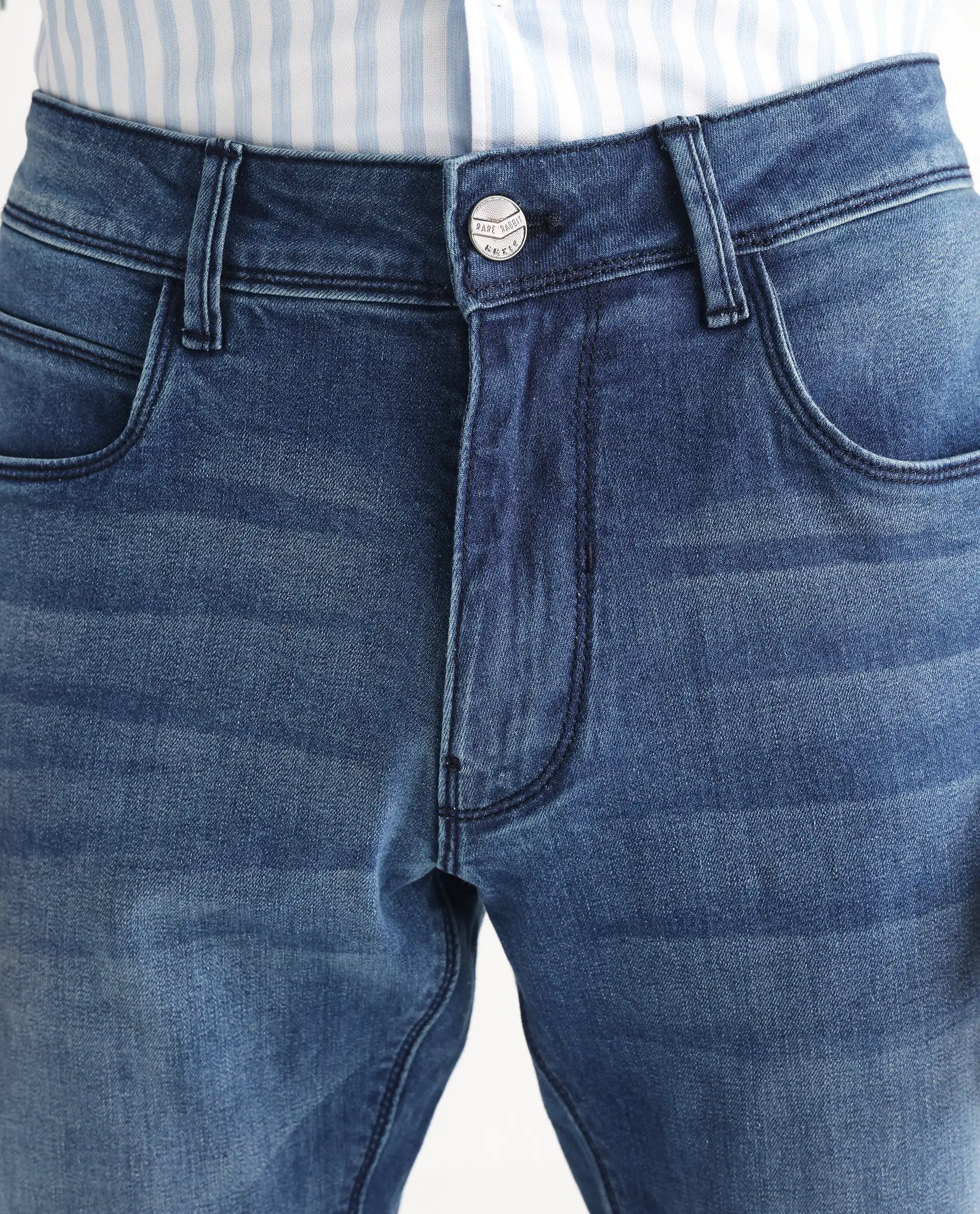 Rare Rabbit Men's Night Light Blue Cotton Plain Hawk Slim Fit Jeans - Image 4