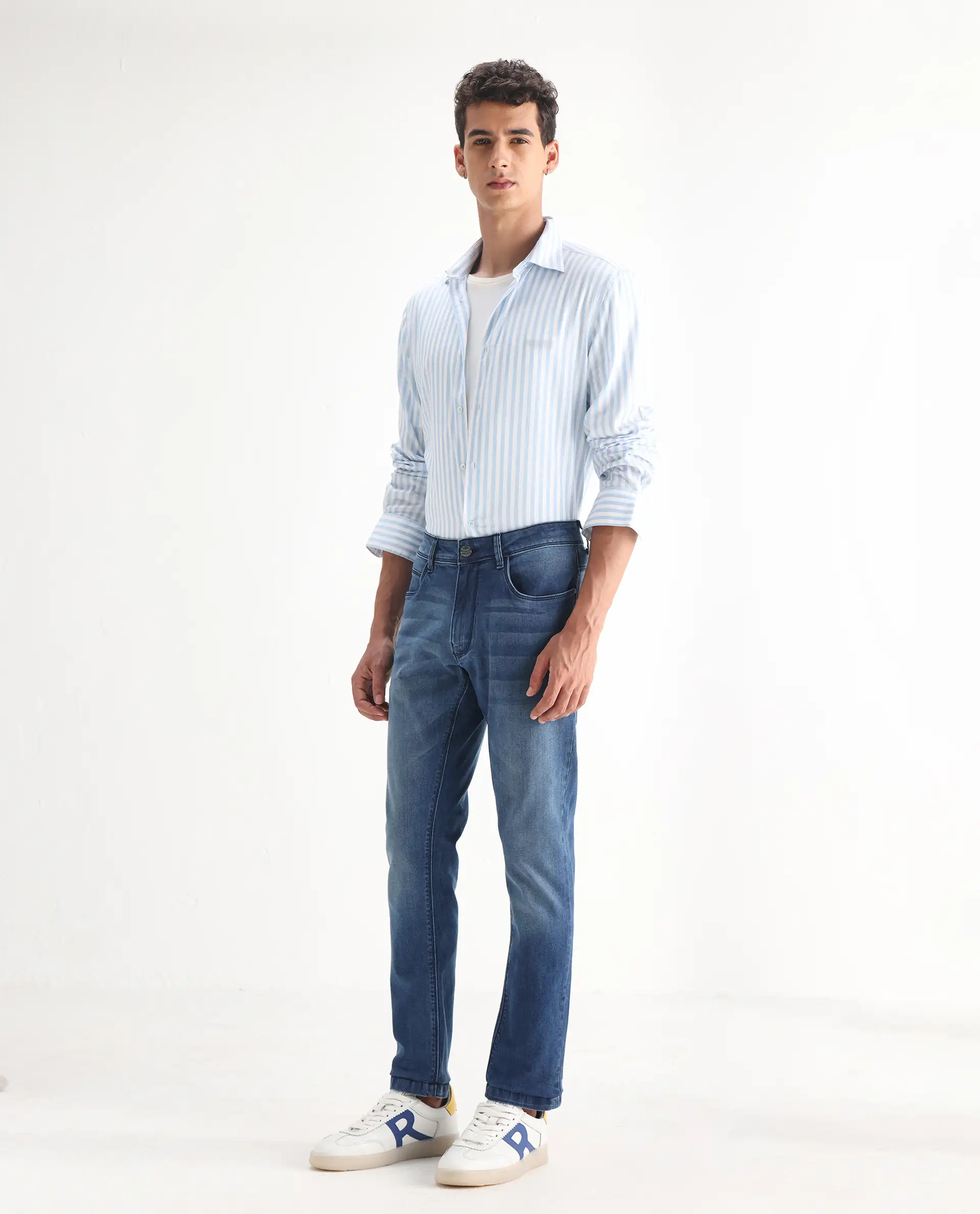 Rare Rabbit Men's Night Light Blue Cotton Plain Hawk Slim Fit Jeans - Image 5