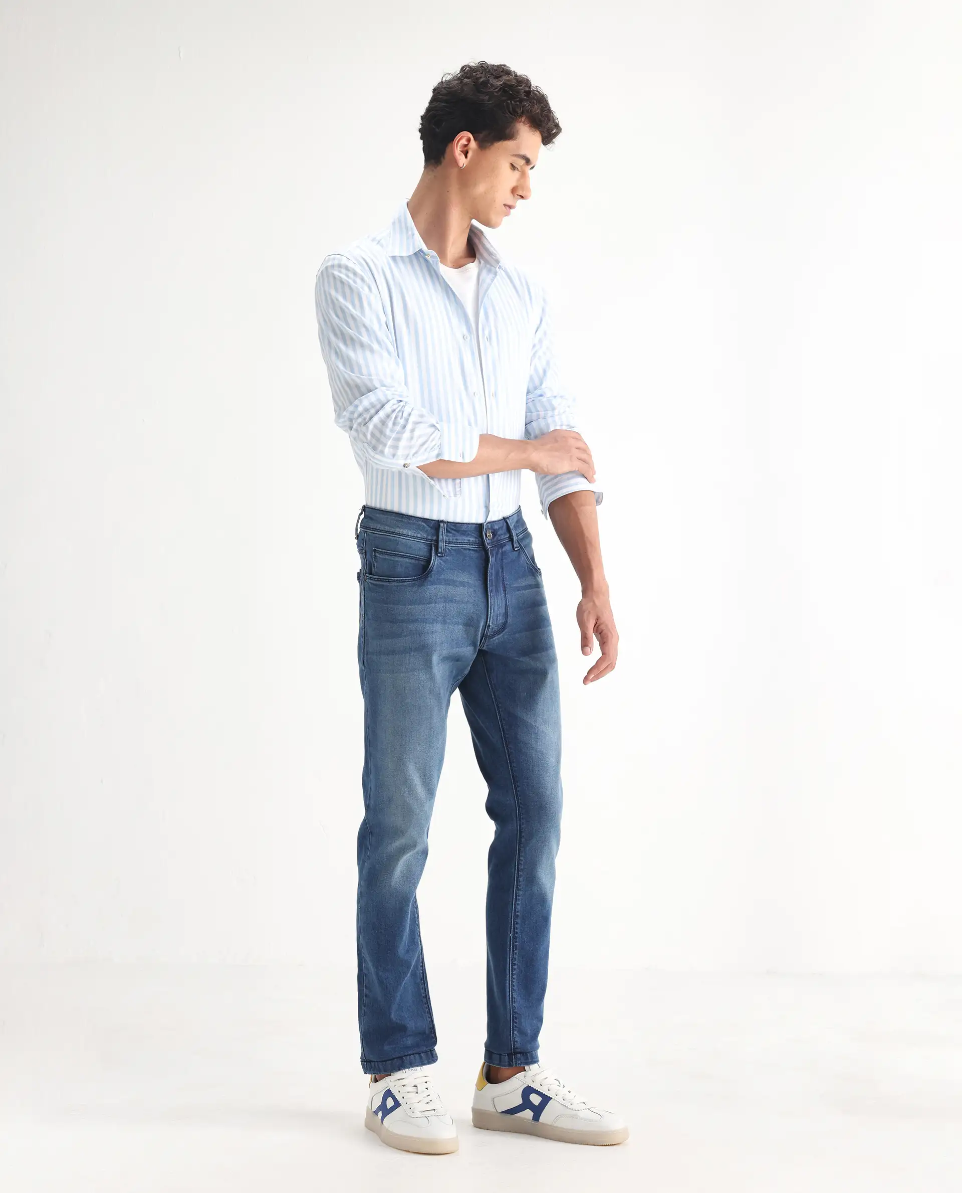 Rare Rabbit Men's Night Light Blue Cotton Plain Hawk Slim Fit Jeans - Image 7