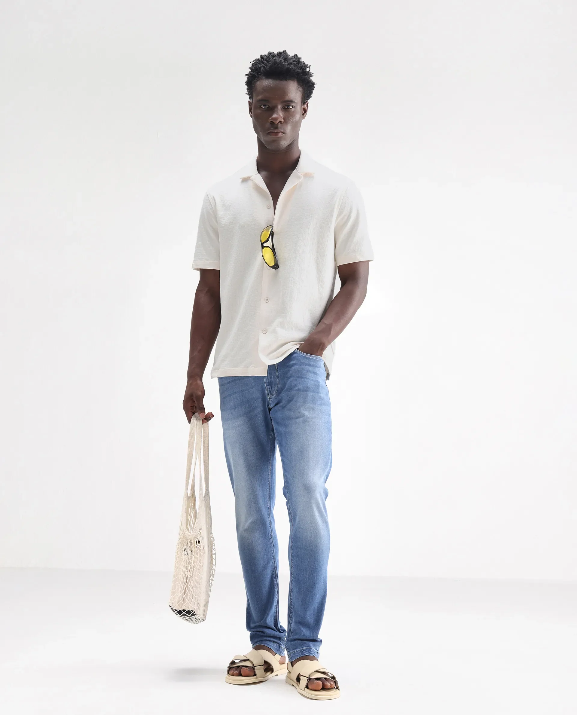 Rare Rabbit Men's Night Pastel Blue Cotton Plain Hawk Slim Fit Jeans