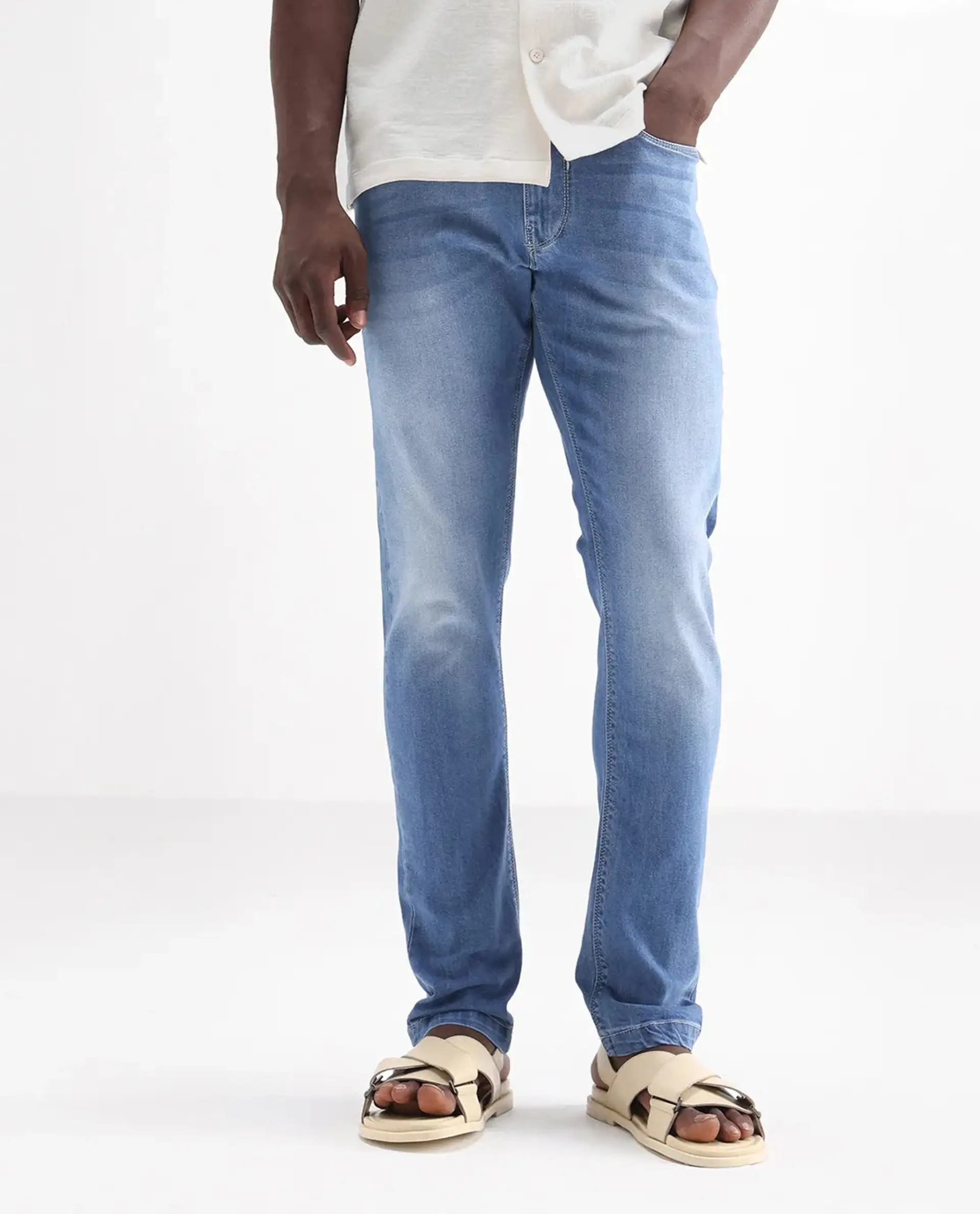 Rare Rabbit Men's Night Pastel Blue Cotton Plain Hawk Slim Fit Jeans - Image 10