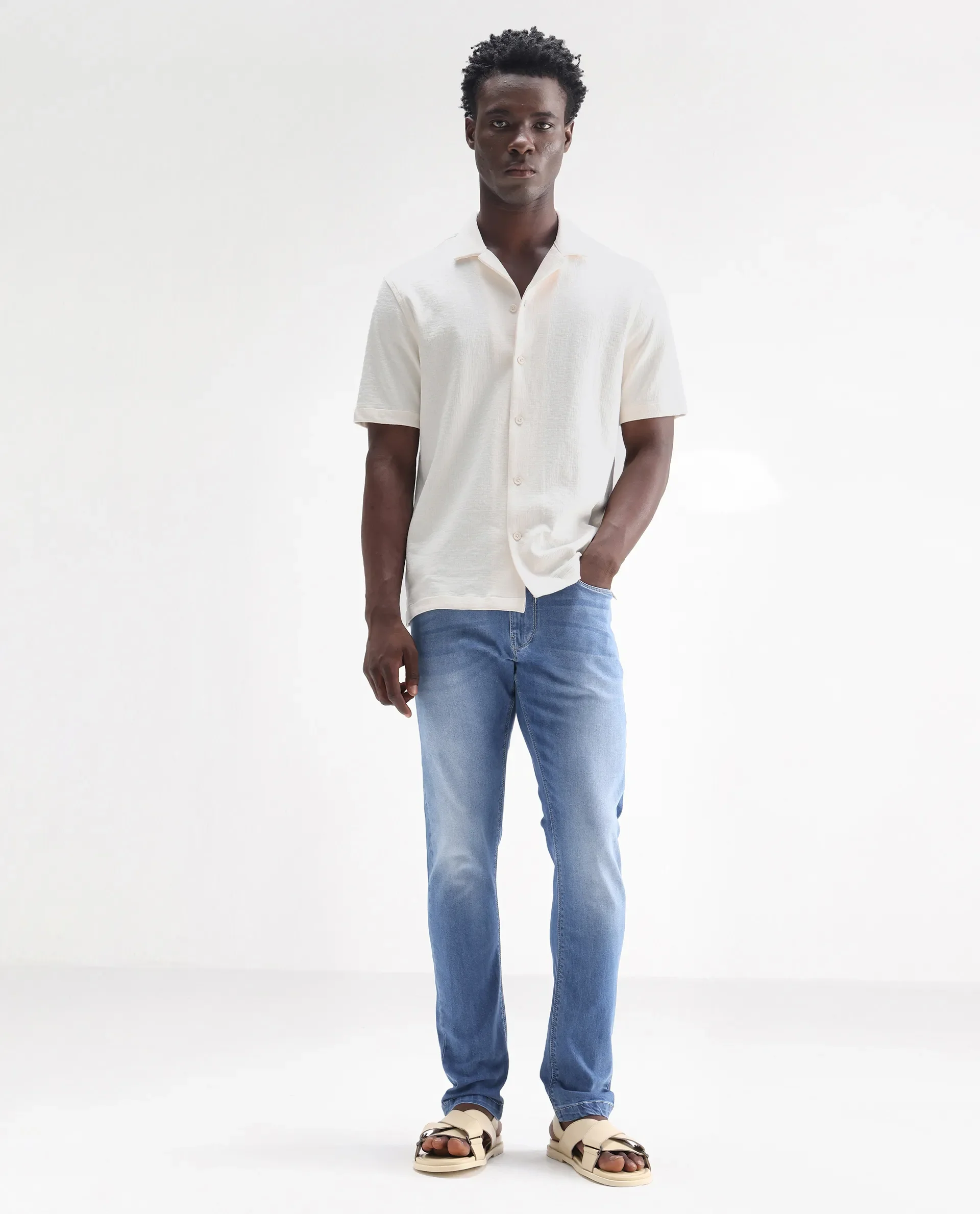 Rare Rabbit Men's Night Pastel Blue Cotton Plain Hawk Slim Fit Jeans - Image 2