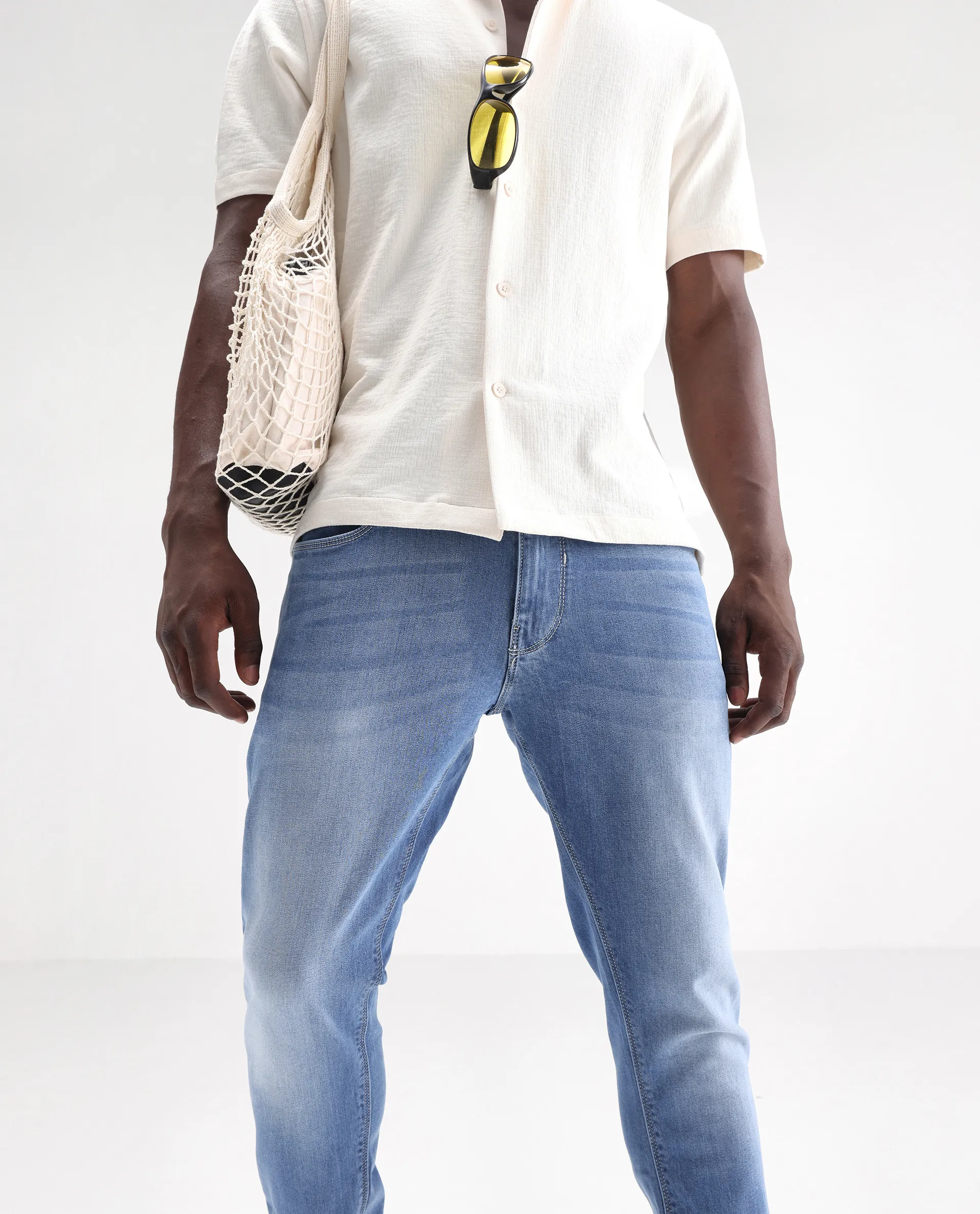 Rare Rabbit Men's Night Pastel Blue Cotton Plain Hawk Slim Fit Jeans - Image 3