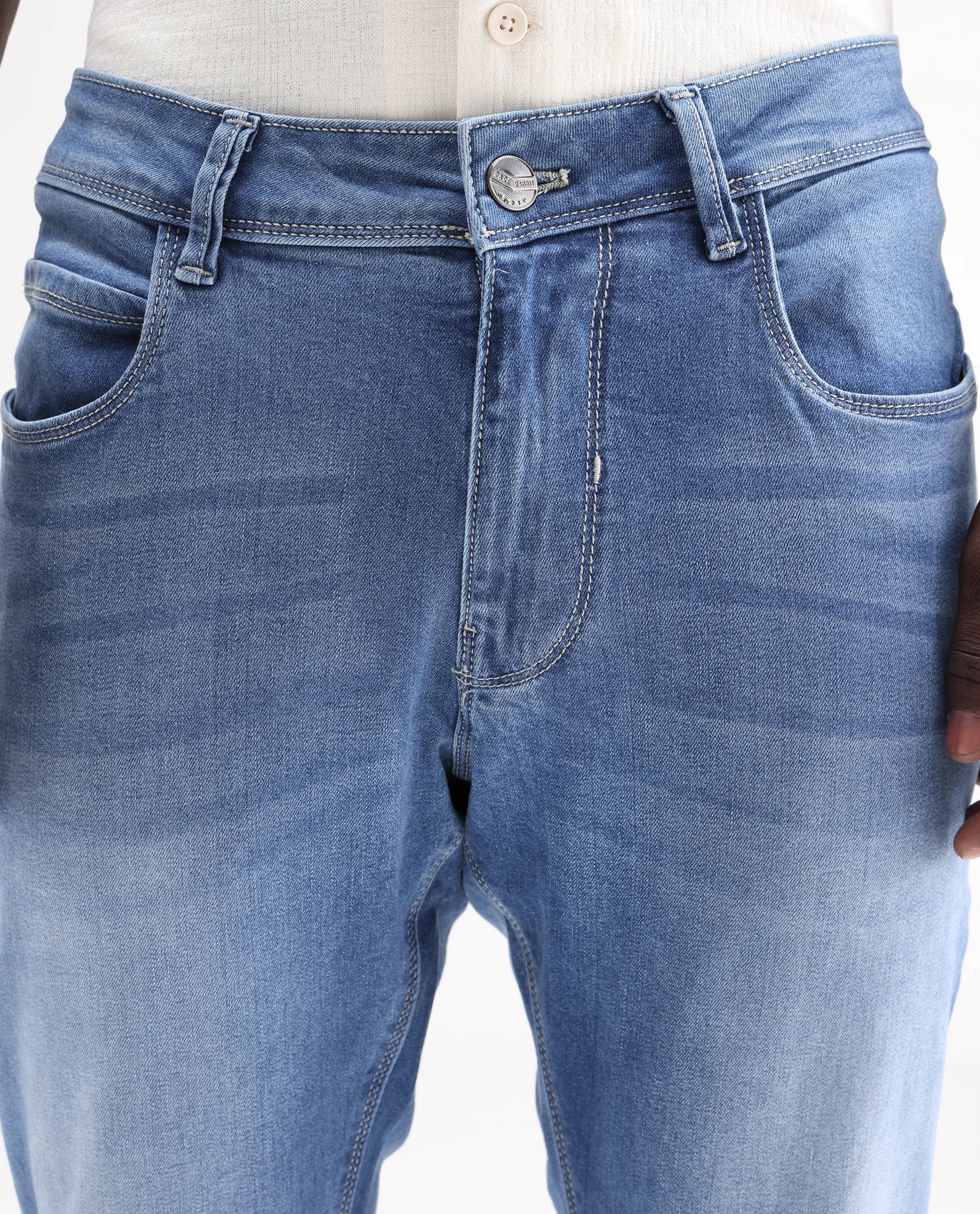 Rare Rabbit Men's Night Pastel Blue Cotton Plain Hawk Slim Fit Jeans - Image 4