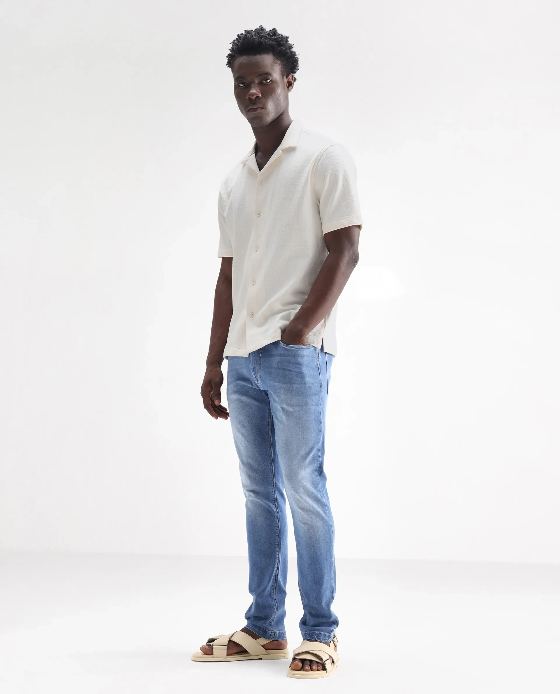 Rare Rabbit Men's Night Pastel Blue Cotton Plain Hawk Slim Fit Jeans - Image 7