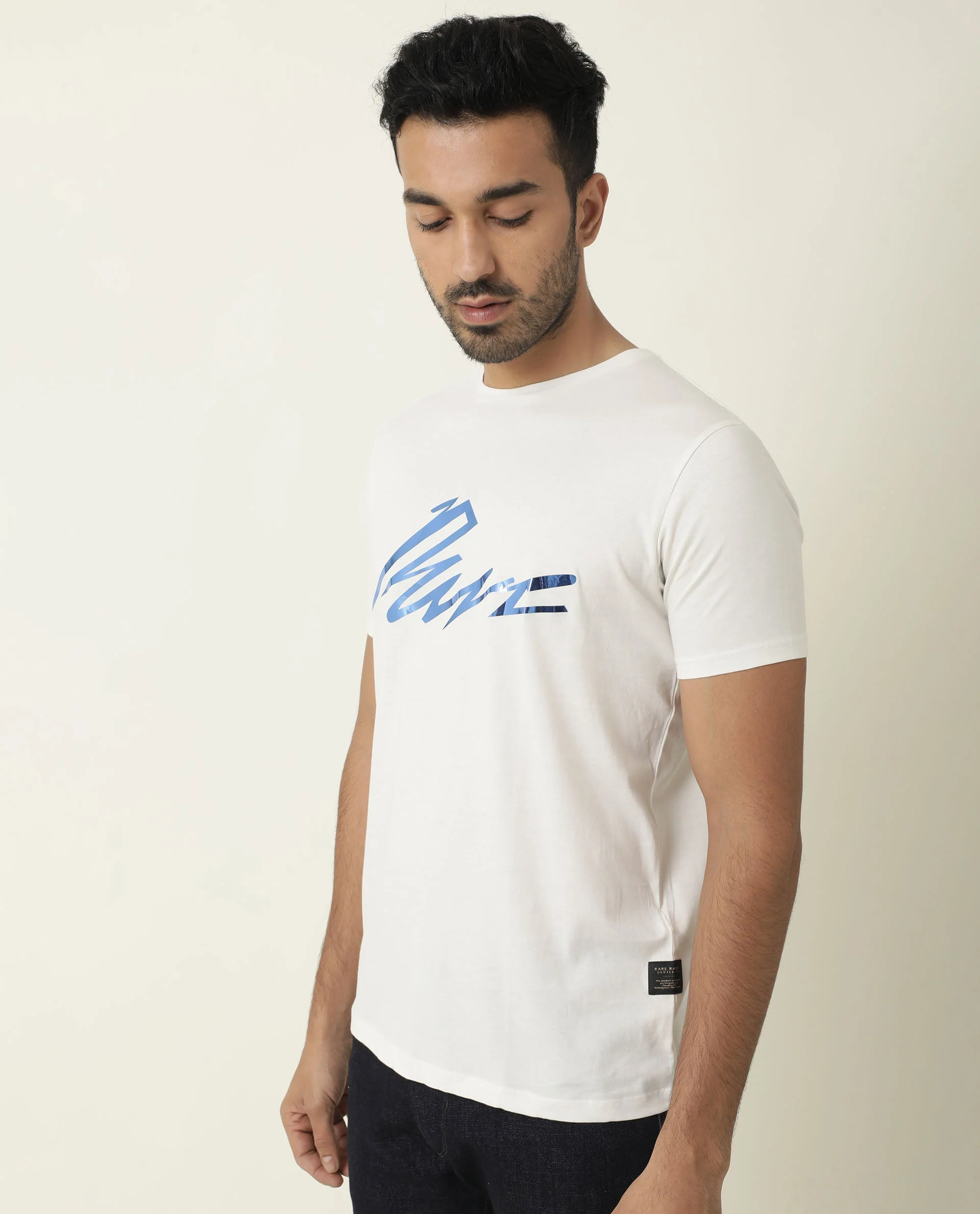Rare Rabbit Men's Nik White Cotton Graphic Print Slim Fit Half Sleeve Crew Neck T-Shirt - Image 10