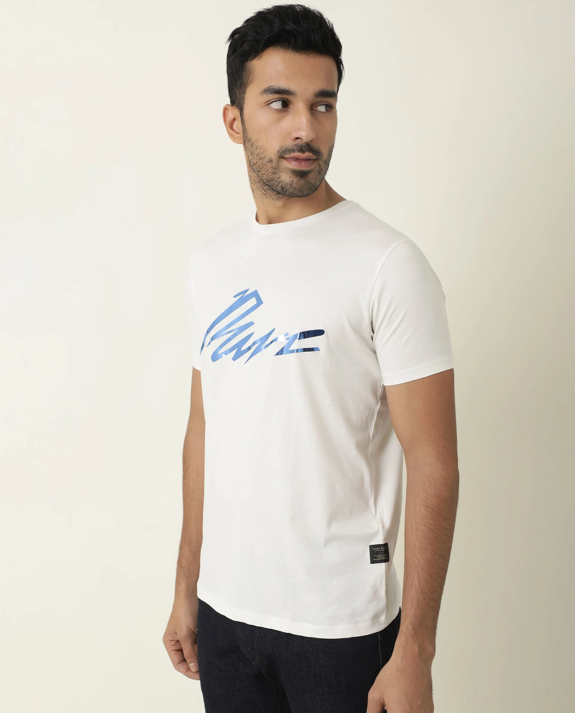 Rare Rabbit Men's Nik White Cotton Graphic Print Slim Fit Half Sleeve Crew Neck T-Shirt - Image 11