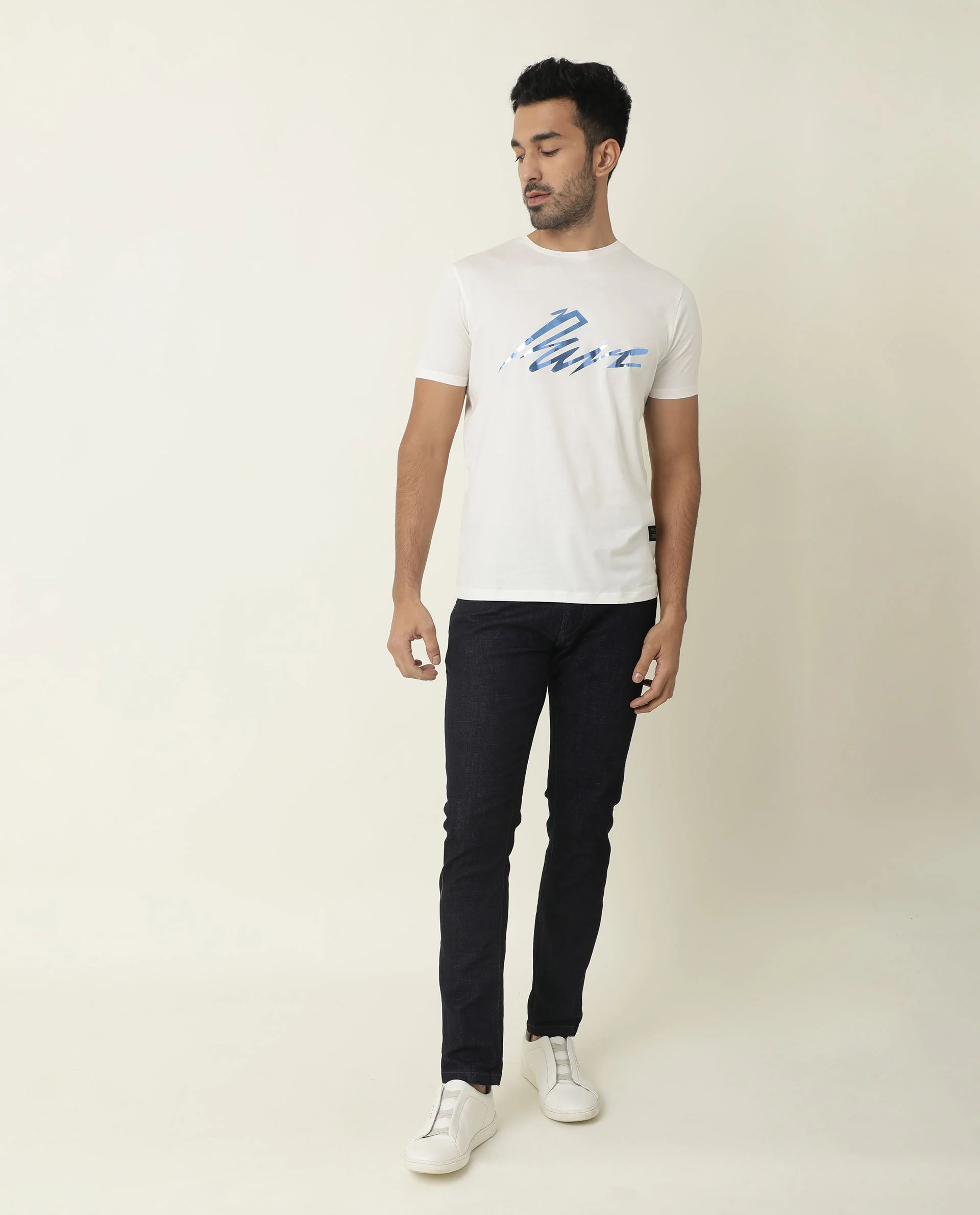 Rare Rabbit Men's Nik White Cotton Graphic Print Slim Fit Half Sleeve Crew Neck T-Shirt - Image 3