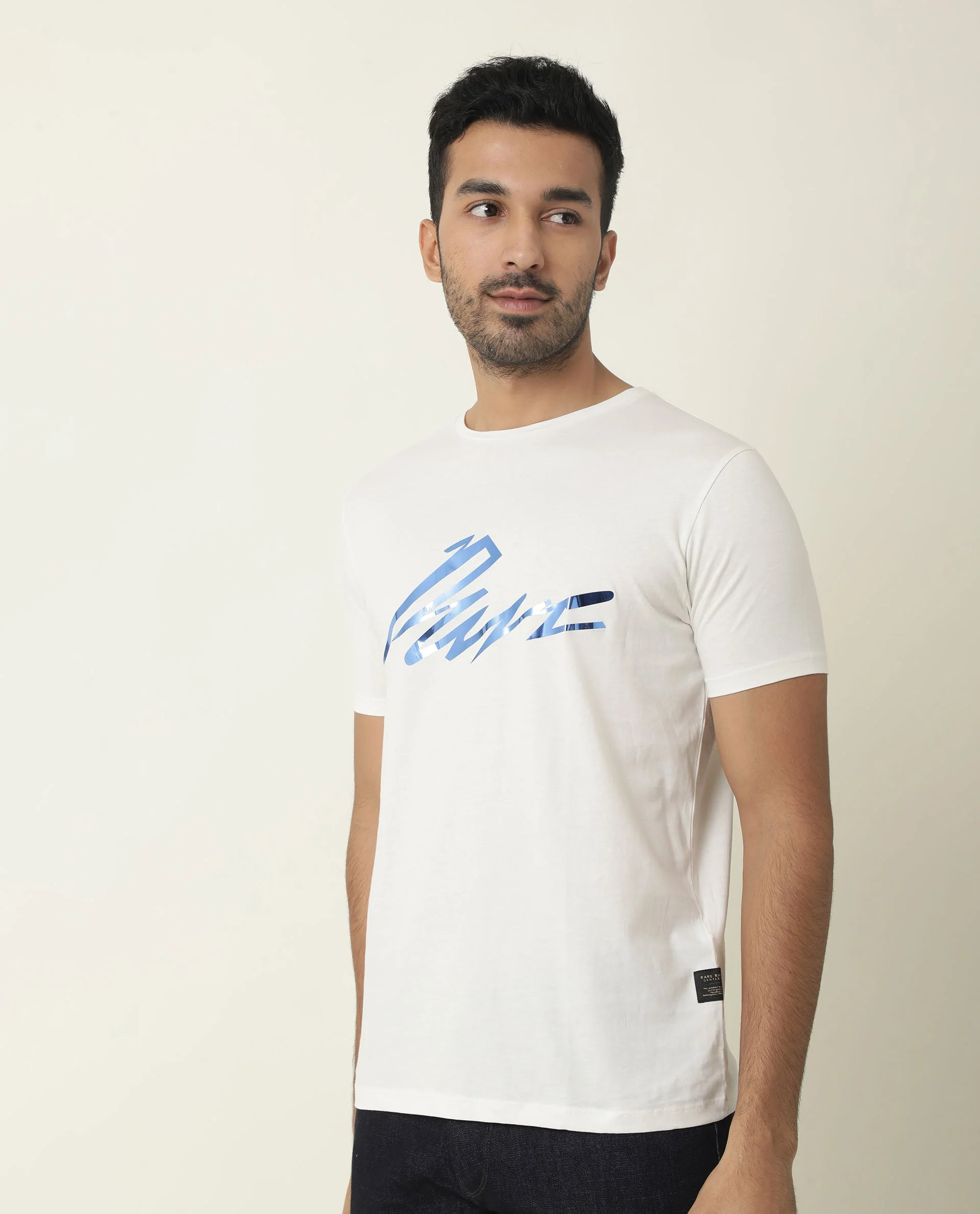 Rare Rabbit Men's Nik White Cotton Graphic Print Slim Fit Half Sleeve Crew Neck T-Shirt - Image 4