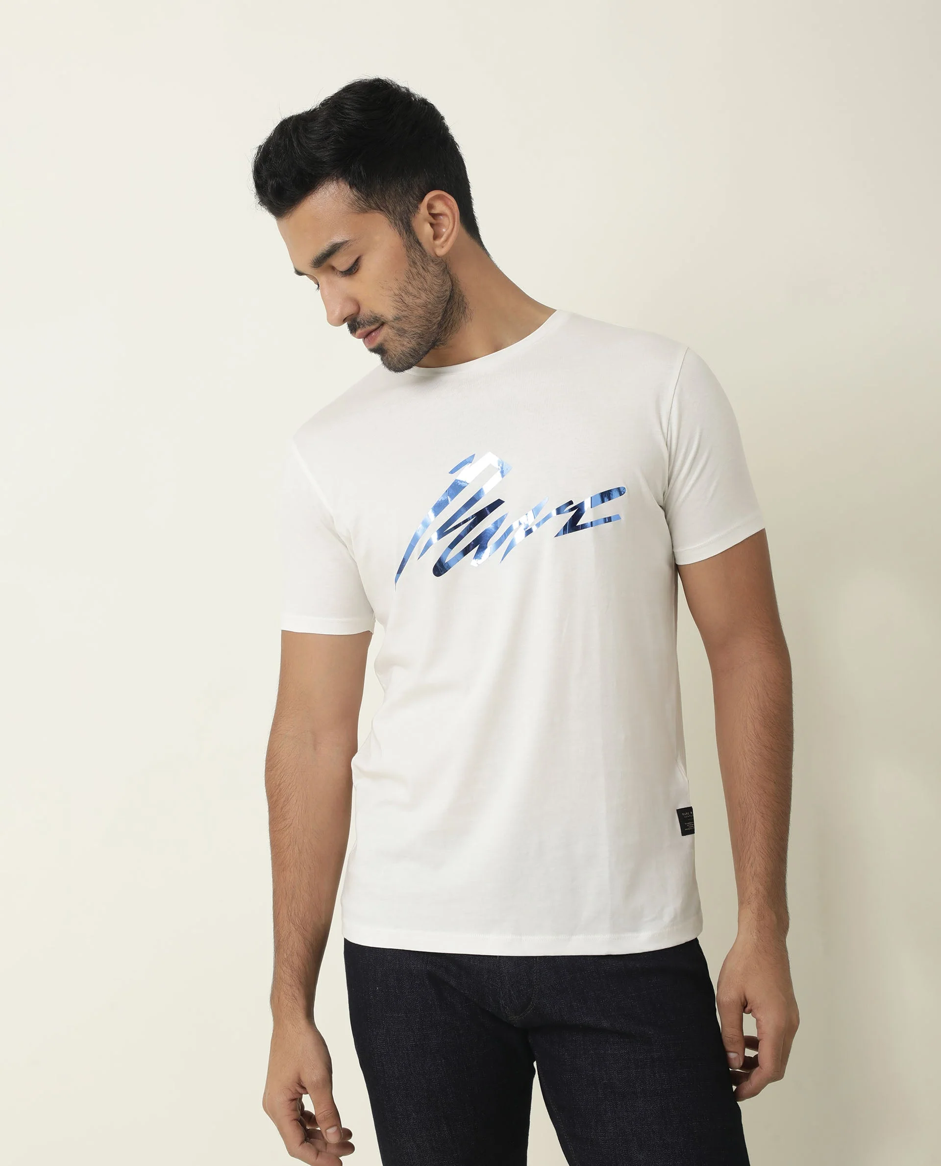 Rare Rabbit Men's Nik White Cotton Graphic Print Slim Fit Half Sleeve Crew Neck T-Shirt - Image 5