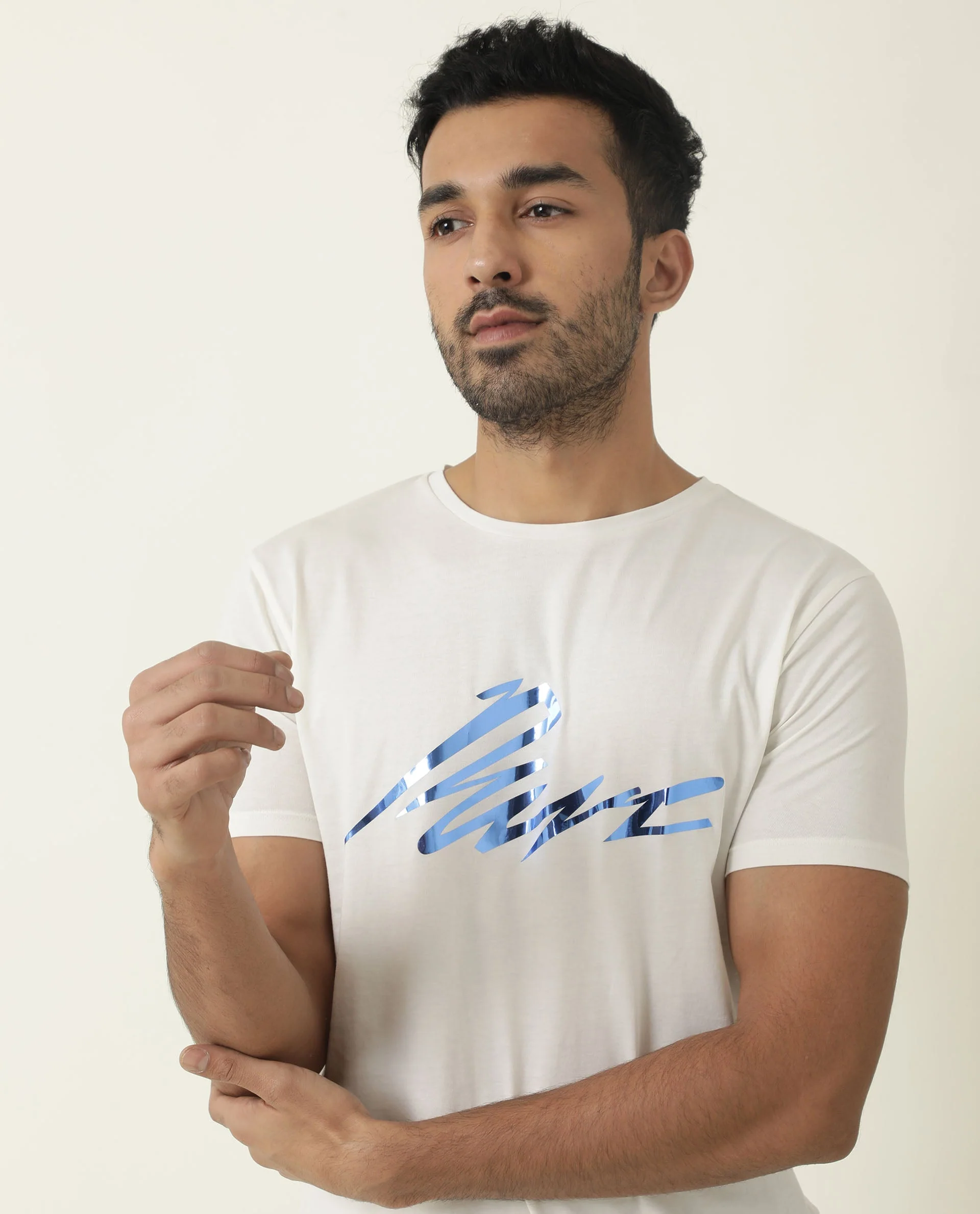Rare Rabbit Men's Nik White Cotton Graphic Print Slim Fit Half Sleeve Crew Neck T-Shirt - Image 6