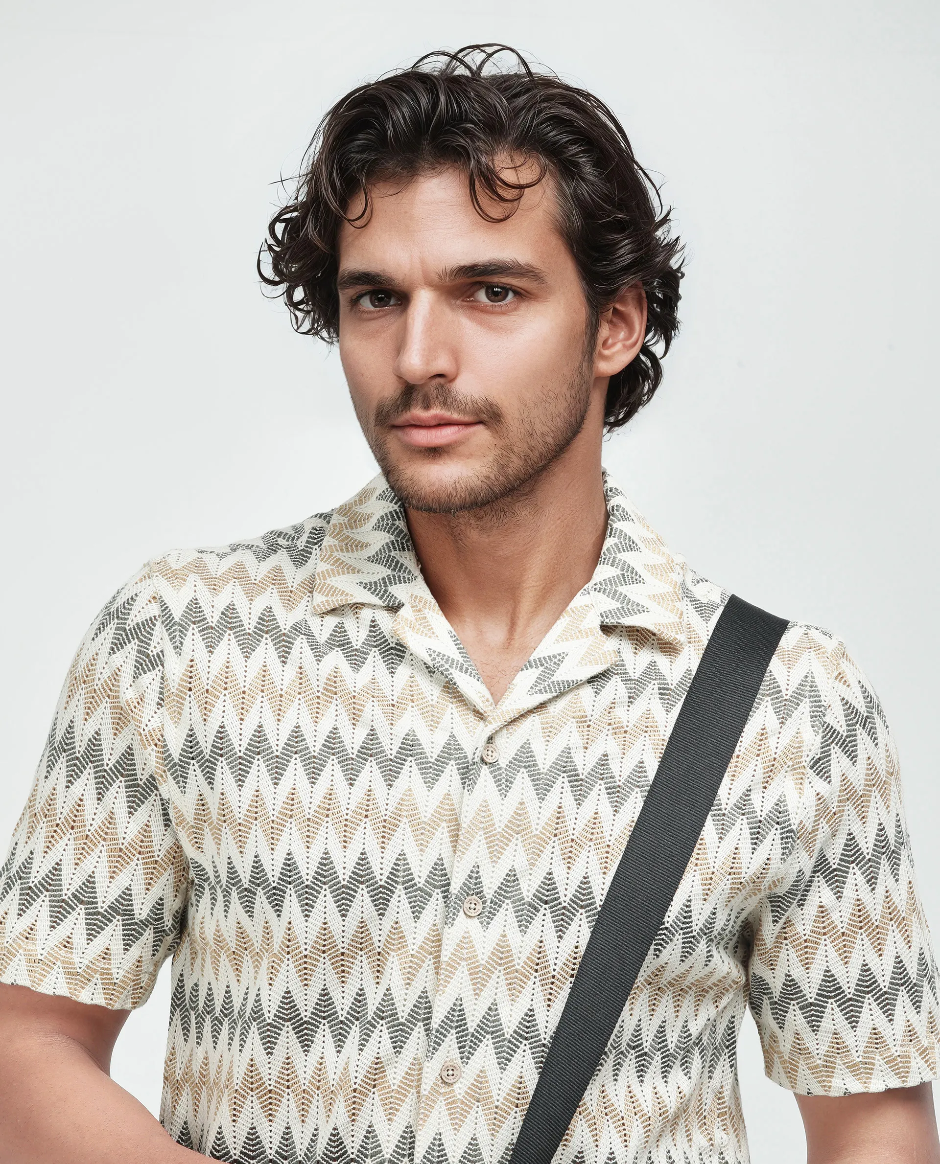 Rare Rabbit Men's Nikon Beige Cotton Zig Zag Print Boxy Fit Half Sleeve Cuban Collar Shirt - Image 2