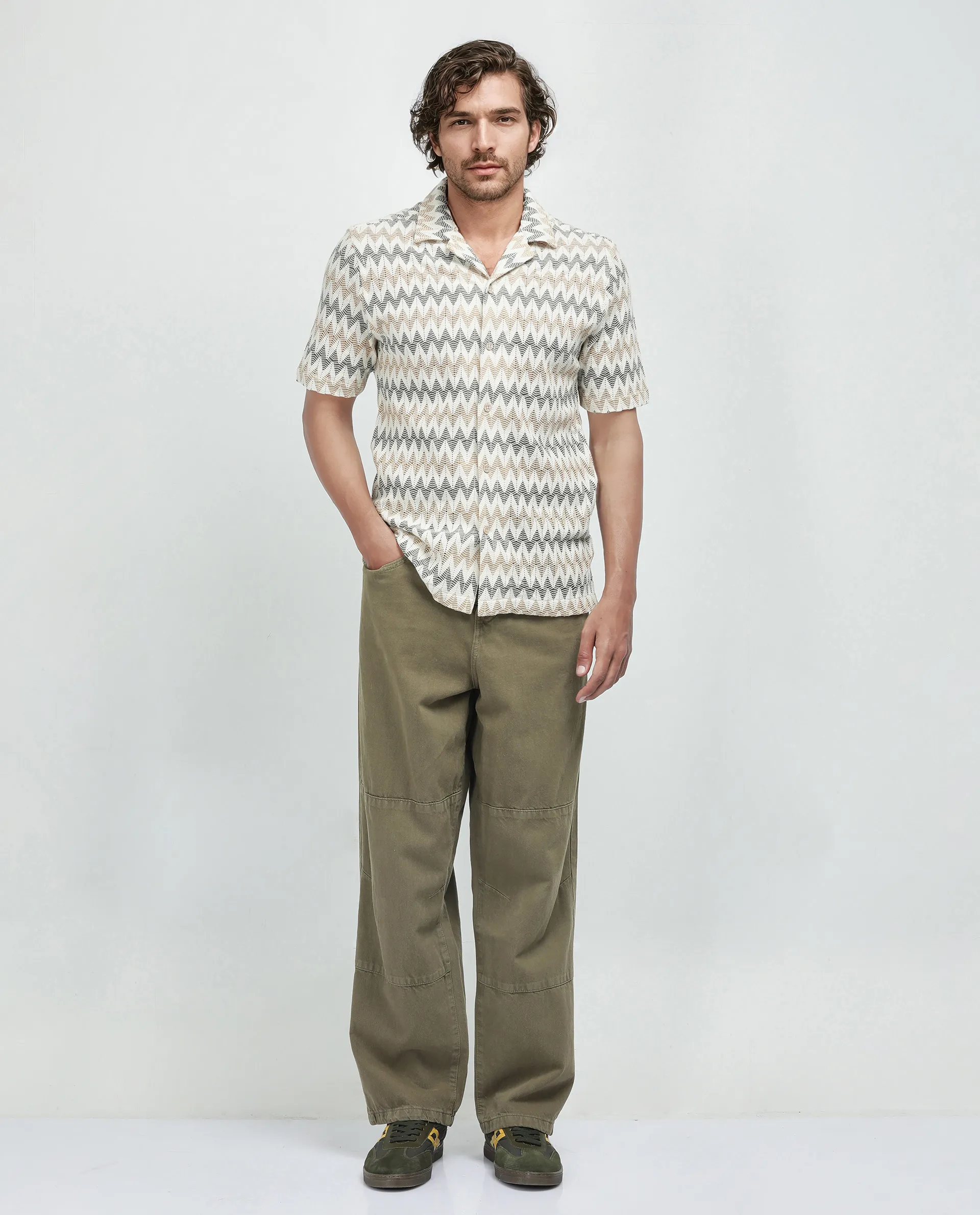 Rare Rabbit Men's Nikon Beige Cotton Zig Zag Print Boxy Fit Half Sleeve Cuban Collar Shirt - Image 3