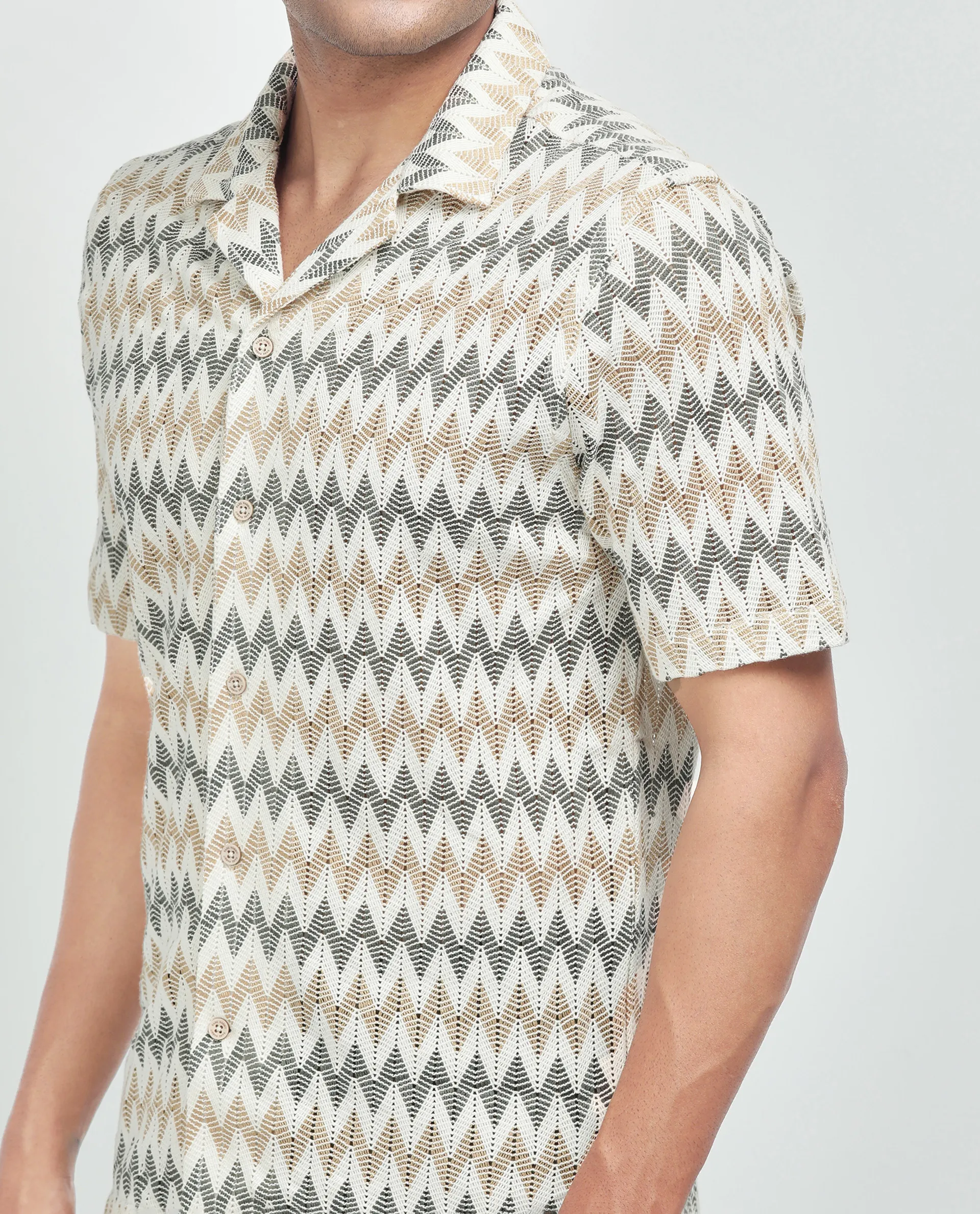 Rare Rabbit Men's Nikon Beige Cotton Zig Zag Print Boxy Fit Half Sleeve Cuban Collar Shirt - Image 4