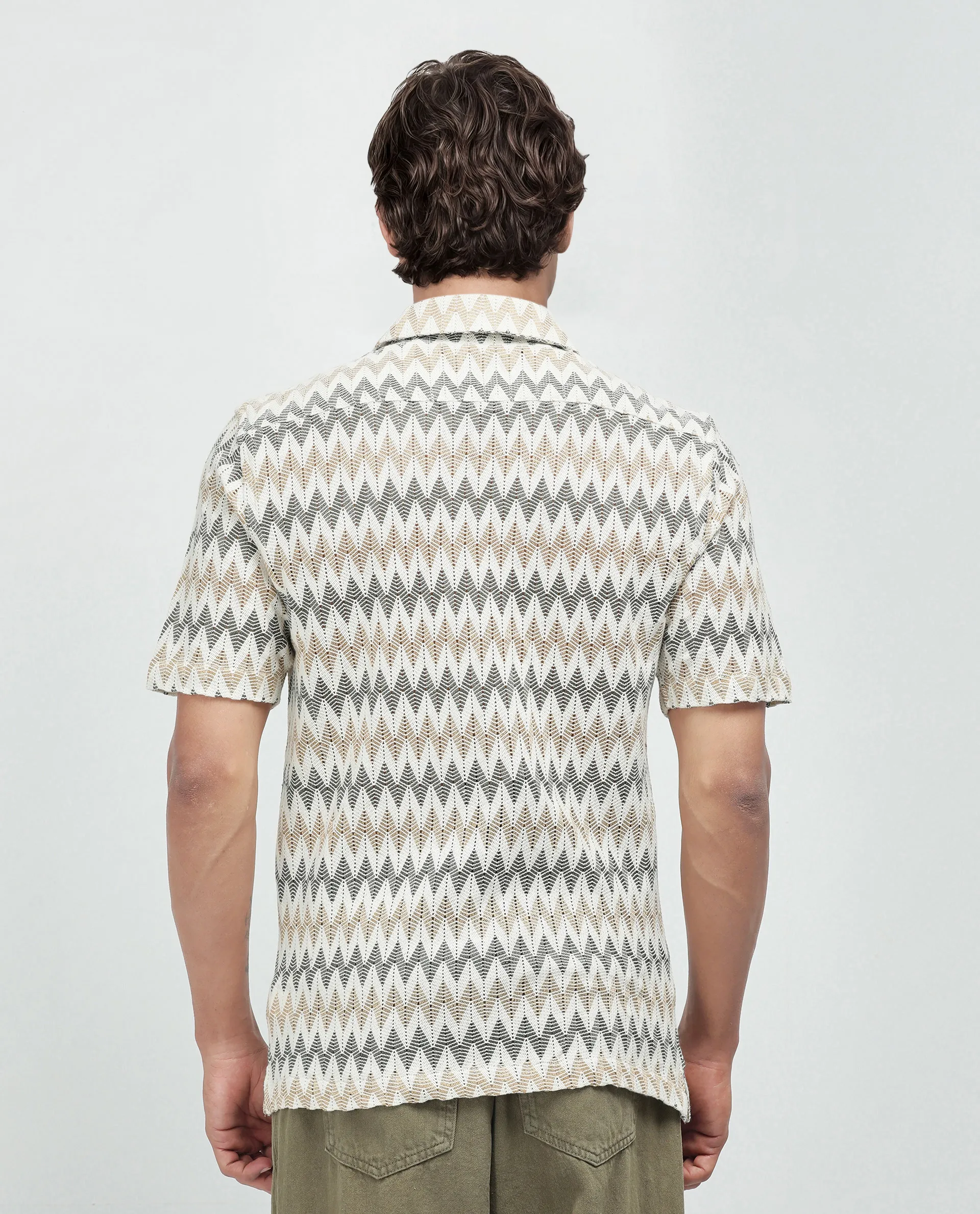Rare Rabbit Men's Nikon Beige Cotton Zig Zag Print Boxy Fit Half Sleeve Cuban Collar Shirt - Image 5