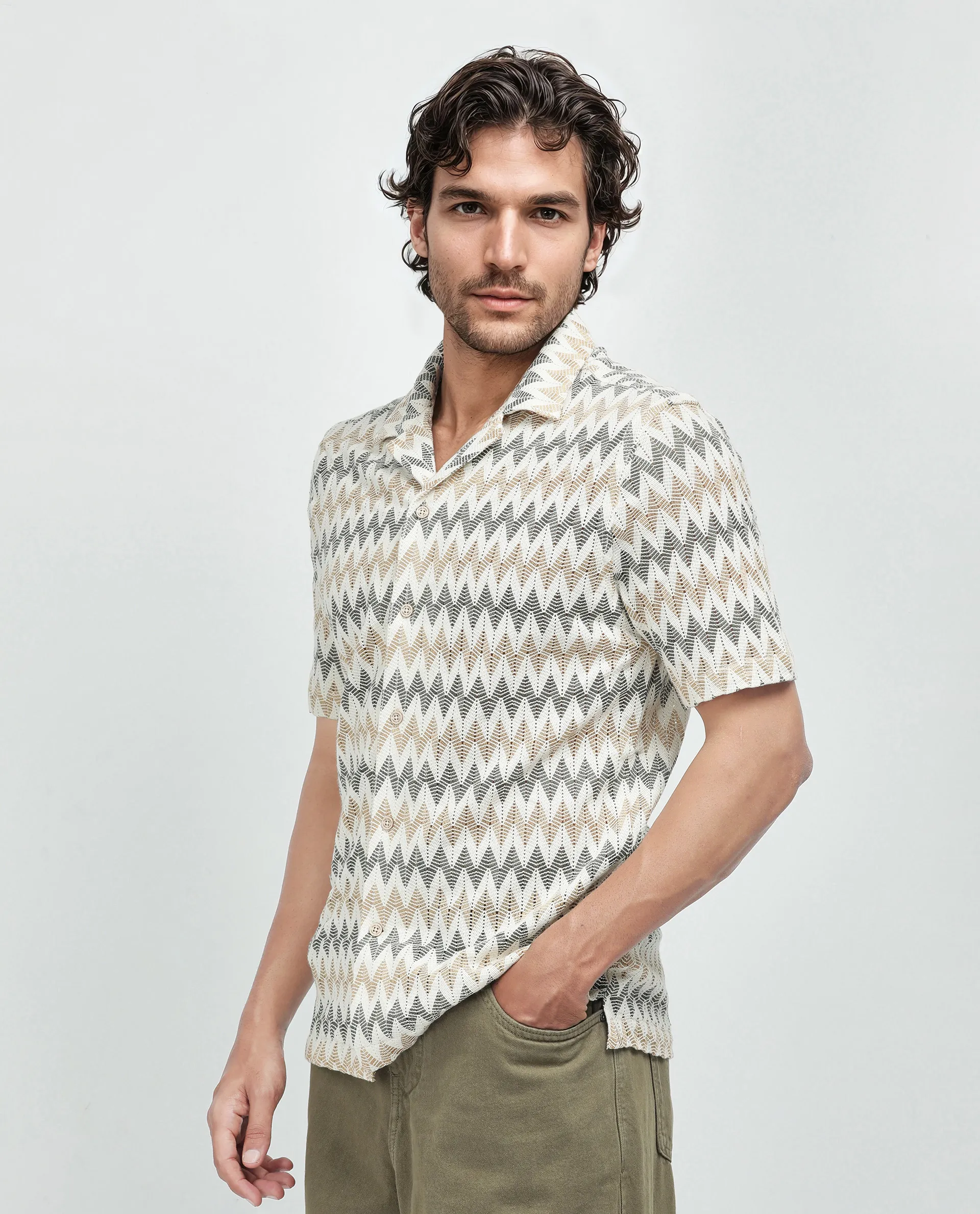 Rare Rabbit Men's Nikon Beige Cotton Zig Zag Print Boxy Fit Half Sleeve Cuban Collar Shirt - Image 6