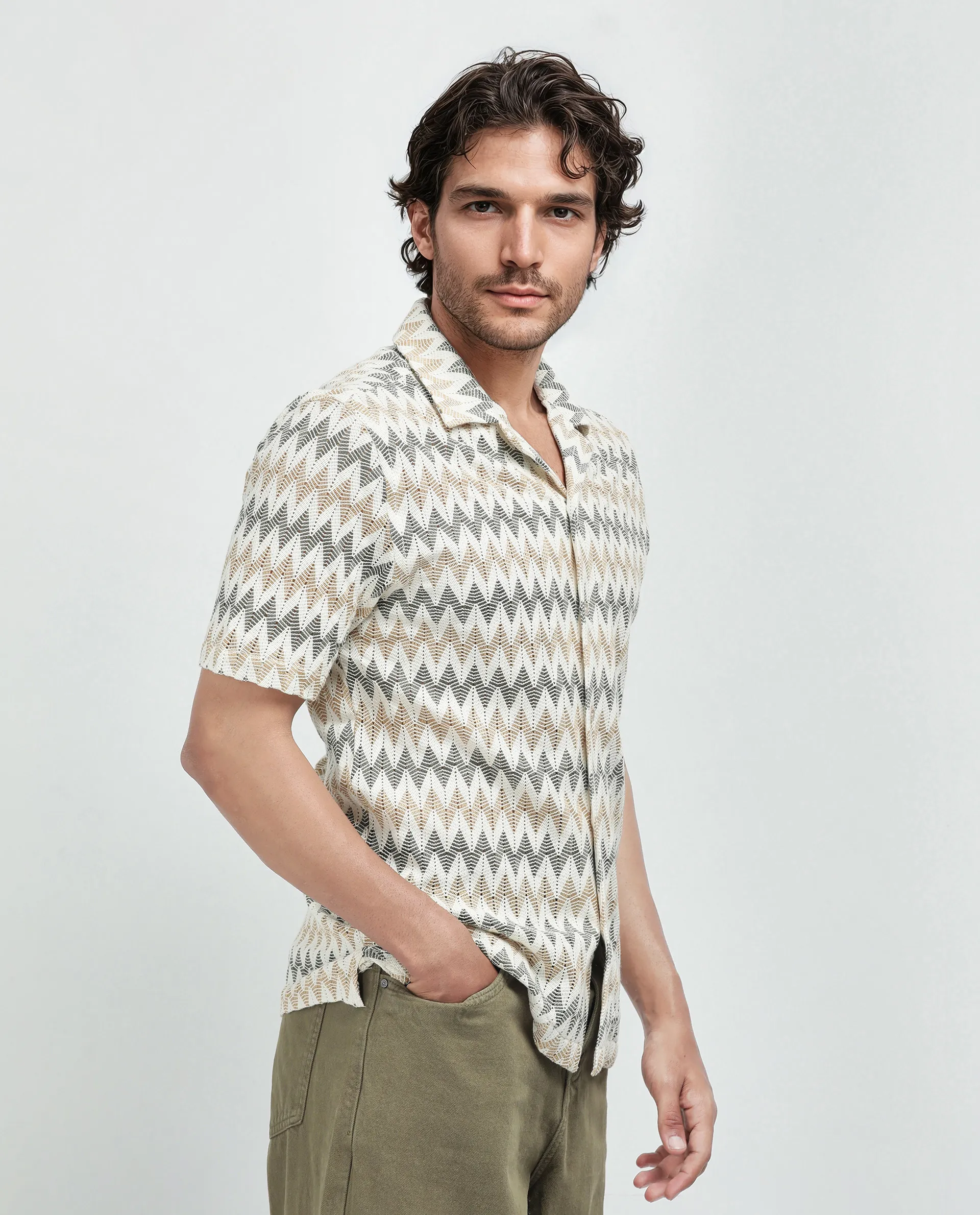 Rare Rabbit Men's Nikon Beige Cotton Zig Zag Print Boxy Fit Half Sleeve Cuban Collar Shirt - Image 7