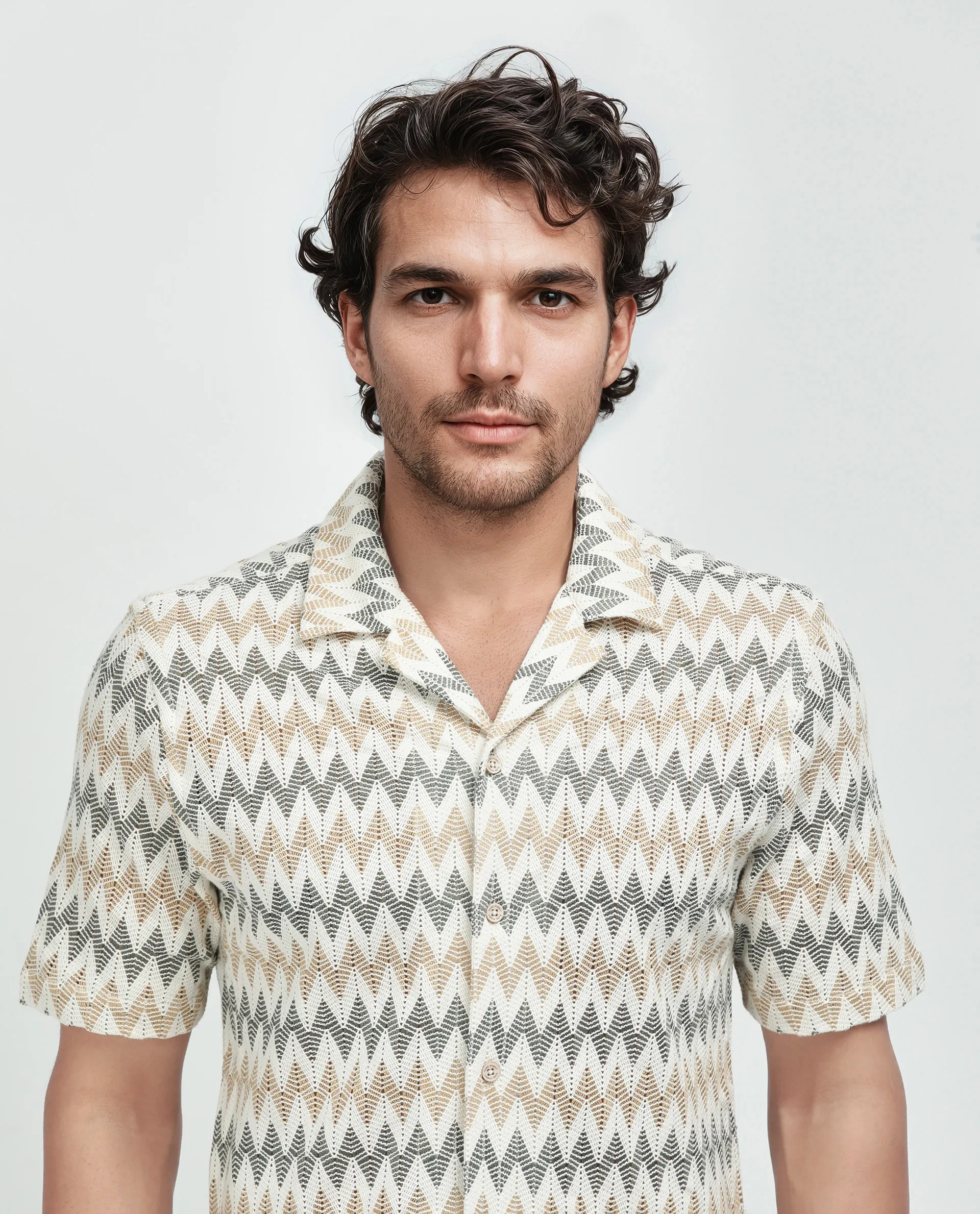 Rare Rabbit Men's Nikon Beige Cotton Zig Zag Print Boxy Fit Half Sleeve Cuban Collar Shirt - Image 8