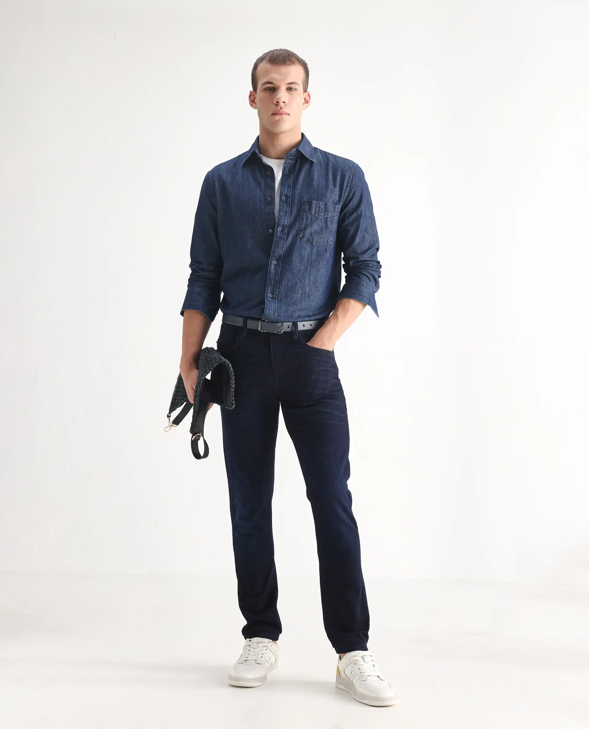 Rare Rabbit Men's Nikos Dark Navy Cotton Blend Plain Morris Regular Fit Jeans