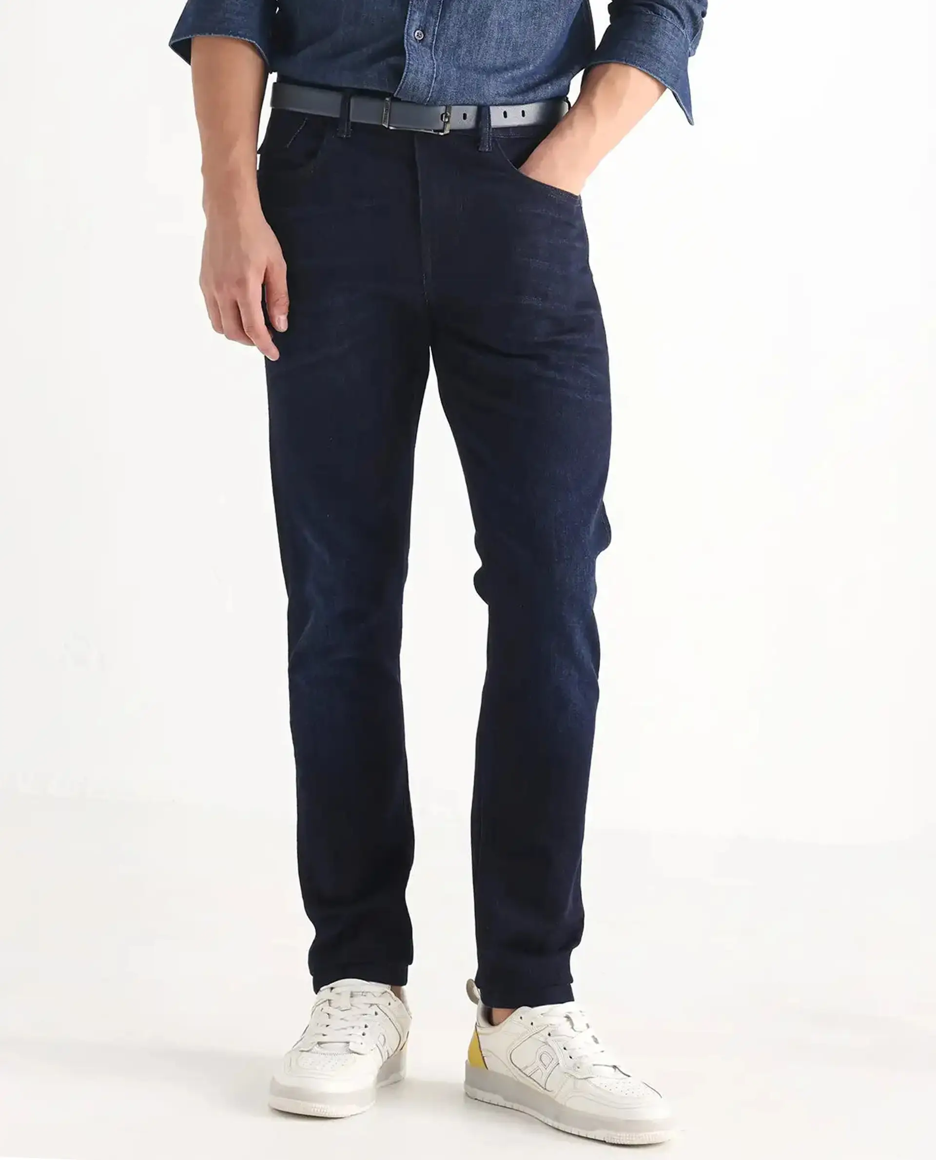 Rare Rabbit Men's Nikos Dark Navy Cotton Blend Plain Morris Regular Fit Jeans - Image 10