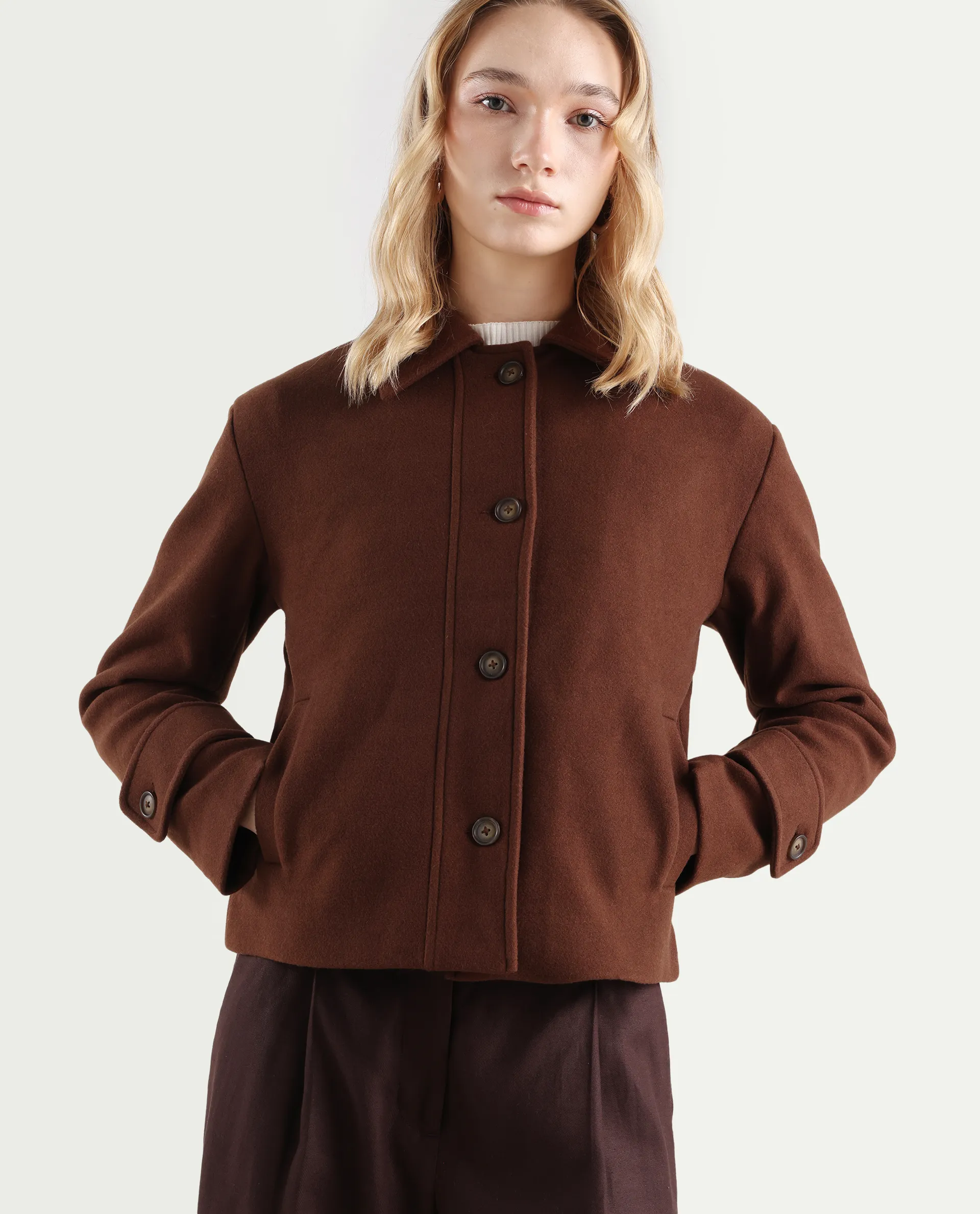 Rareism Women's Nikzo Brown Polyester Blend Spread Collar Regular Fit Jacket - Image 3