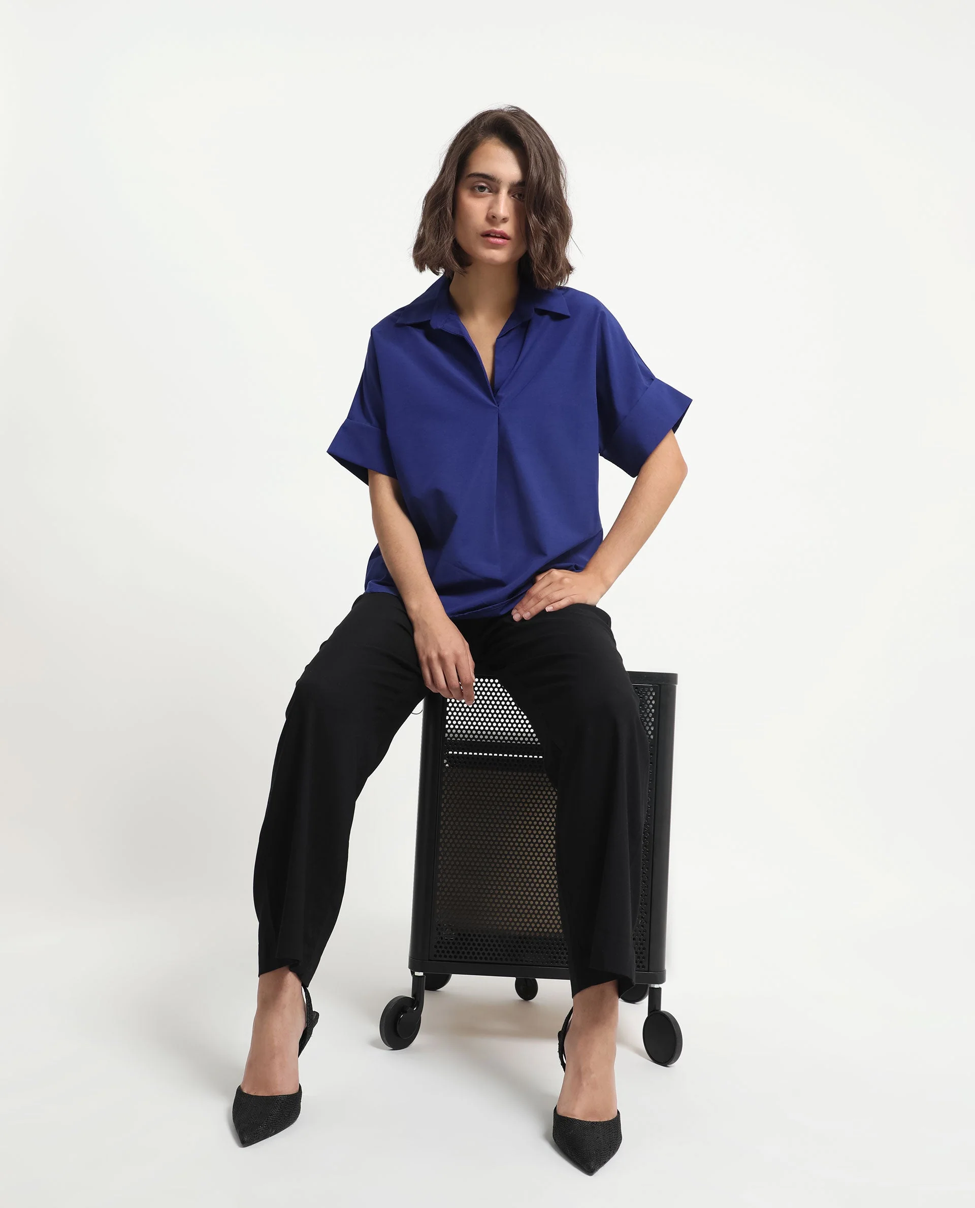 Rareism Women's Nilgan Blue Polyester Spread Collar Plain Cuffed Sleeve Regular Fit Top - Image 3