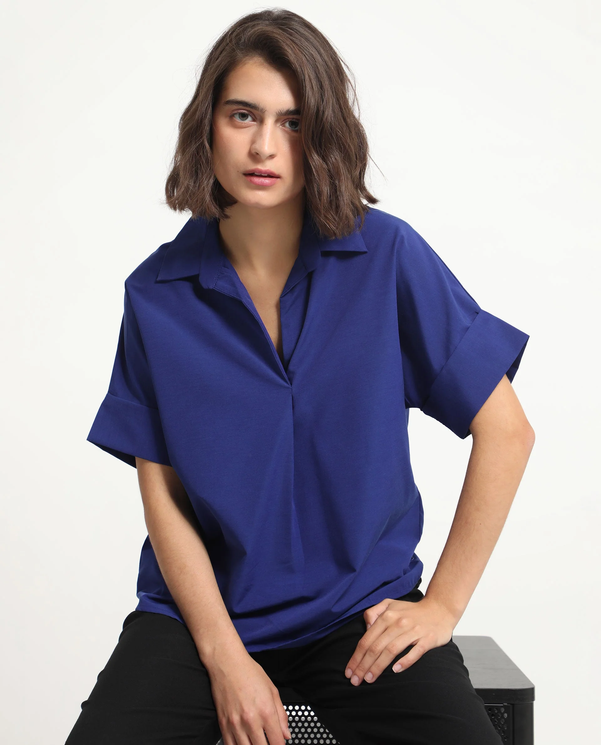 Rareism Women's Nilgan Blue Polyester Spread Collar Plain Cuffed Sleeve Regular Fit Top - Image 4