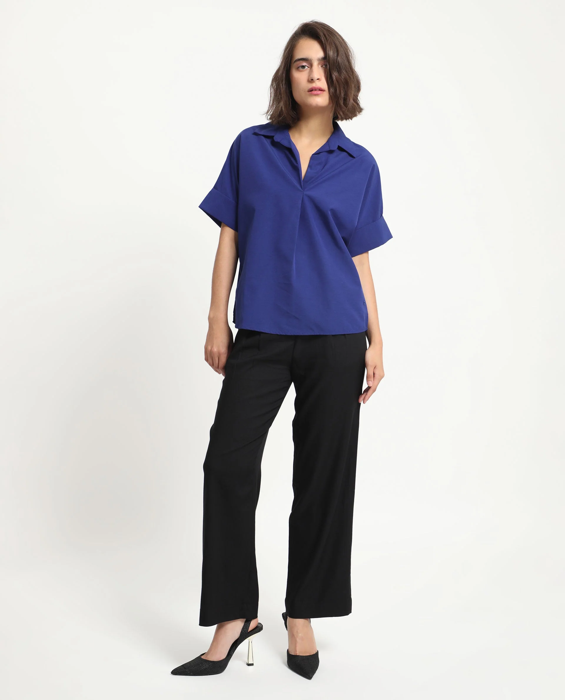 Rareism Women's Nilgan Blue Polyester Spread Collar Plain Cuffed Sleeve Regular Fit Top - Image 5