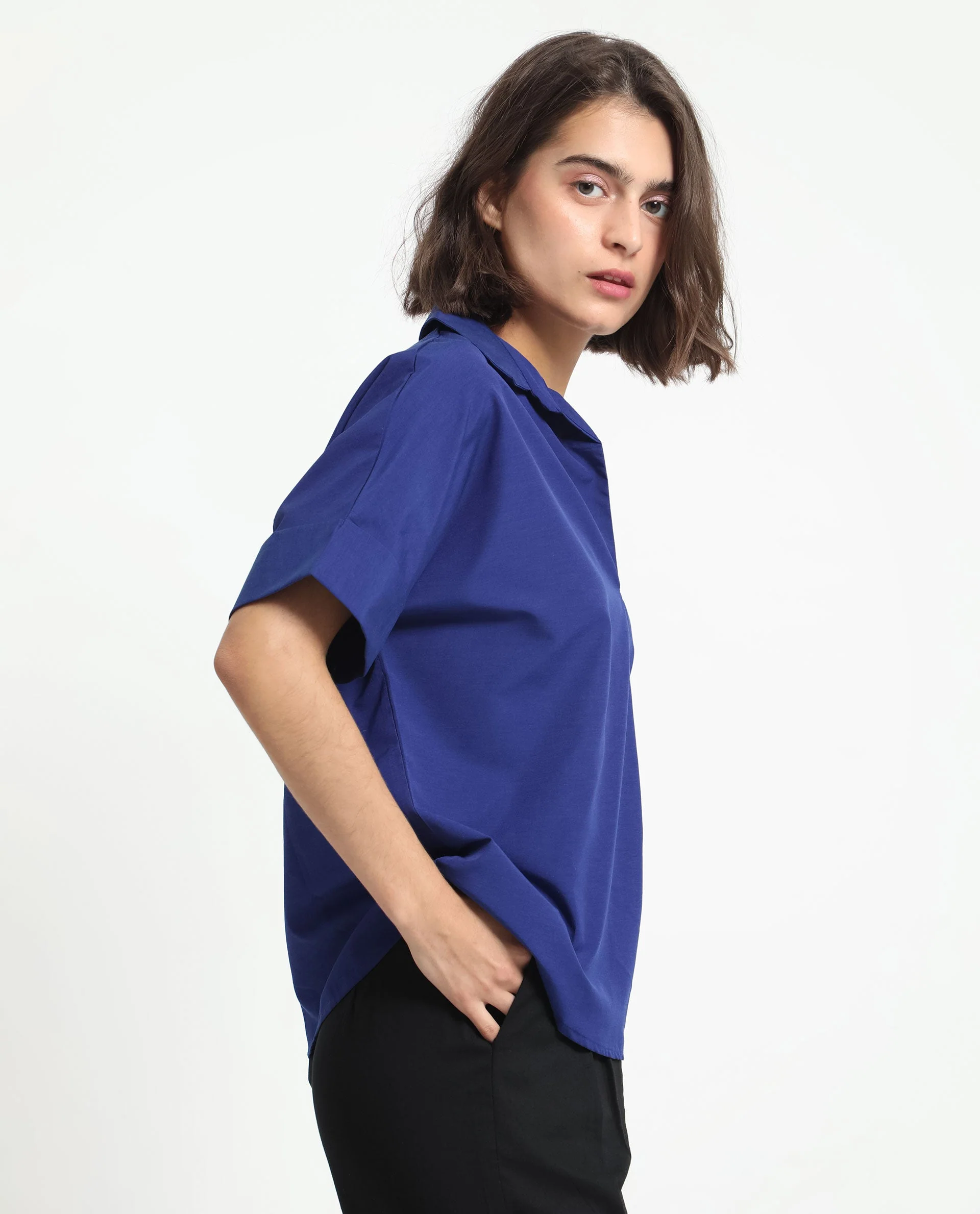 Rareism Women's Nilgan Blue Polyester Spread Collar Plain Cuffed Sleeve Regular Fit Top - Image 6
