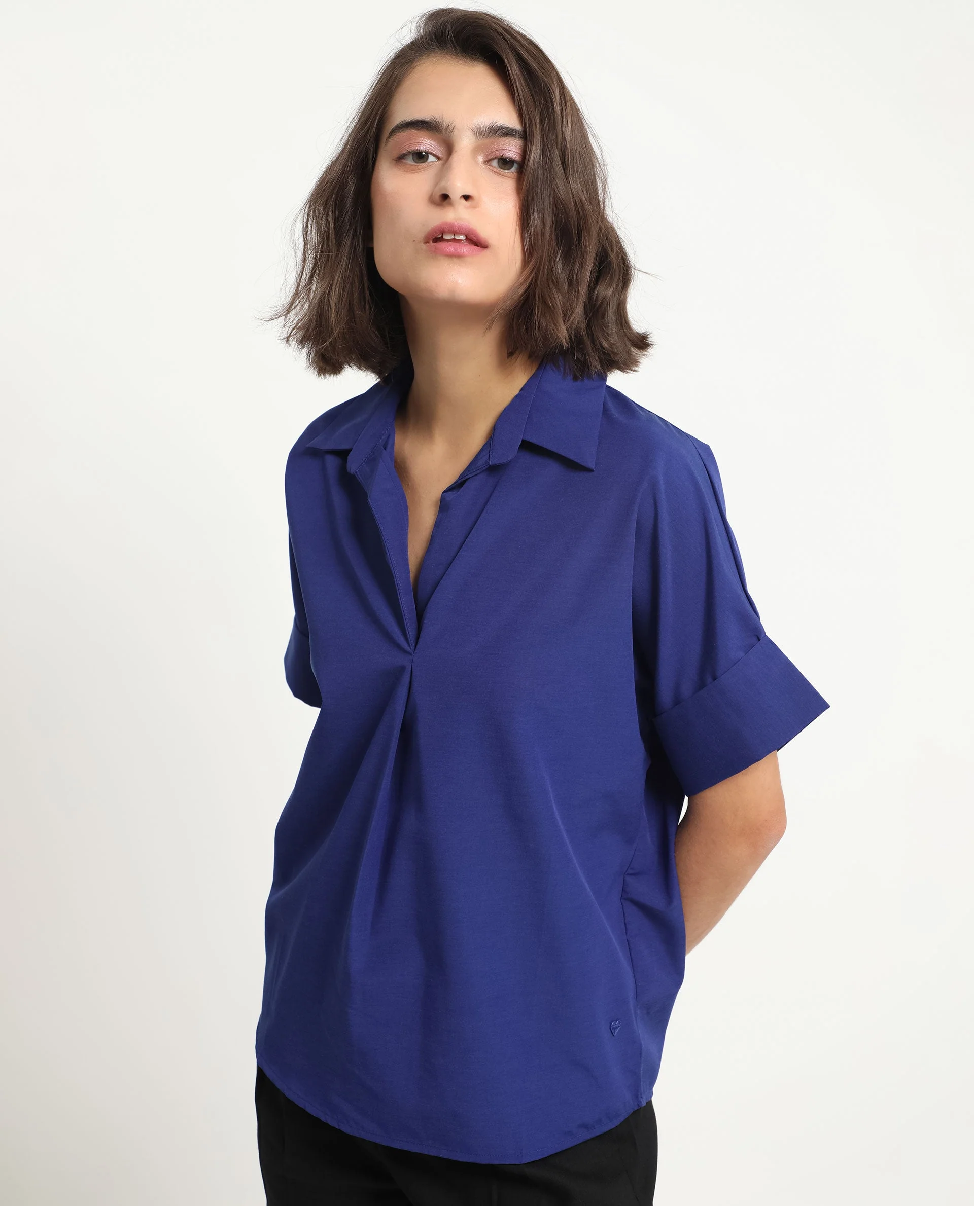 Rareism Women's Nilgan Blue Polyester Spread Collar Plain Cuffed Sleeve Regular Fit Top - Image 7