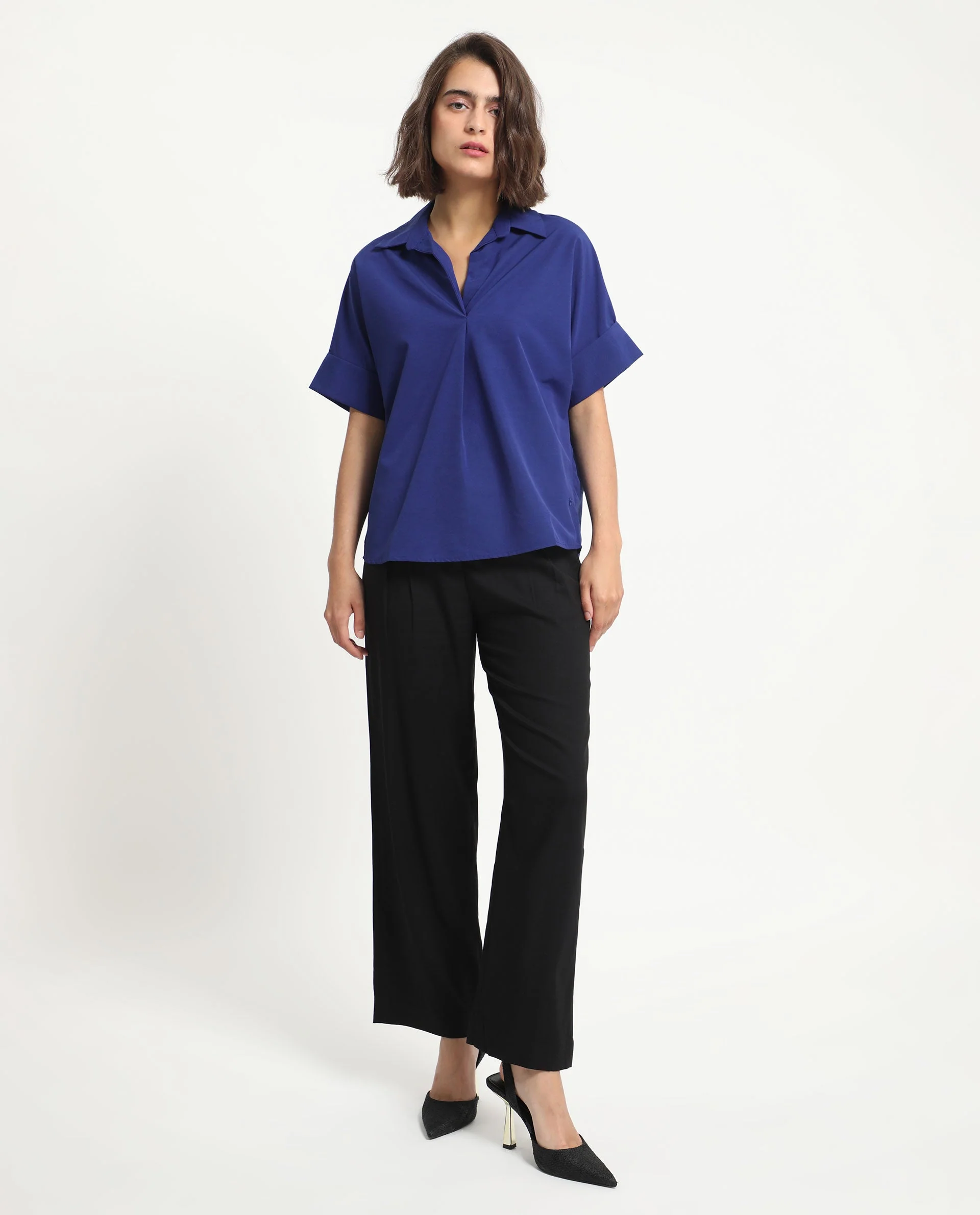 Rareism Women's Nilgan Blue Polyester Spread Collar Plain Cuffed Sleeve Regular Fit Top - Image 8