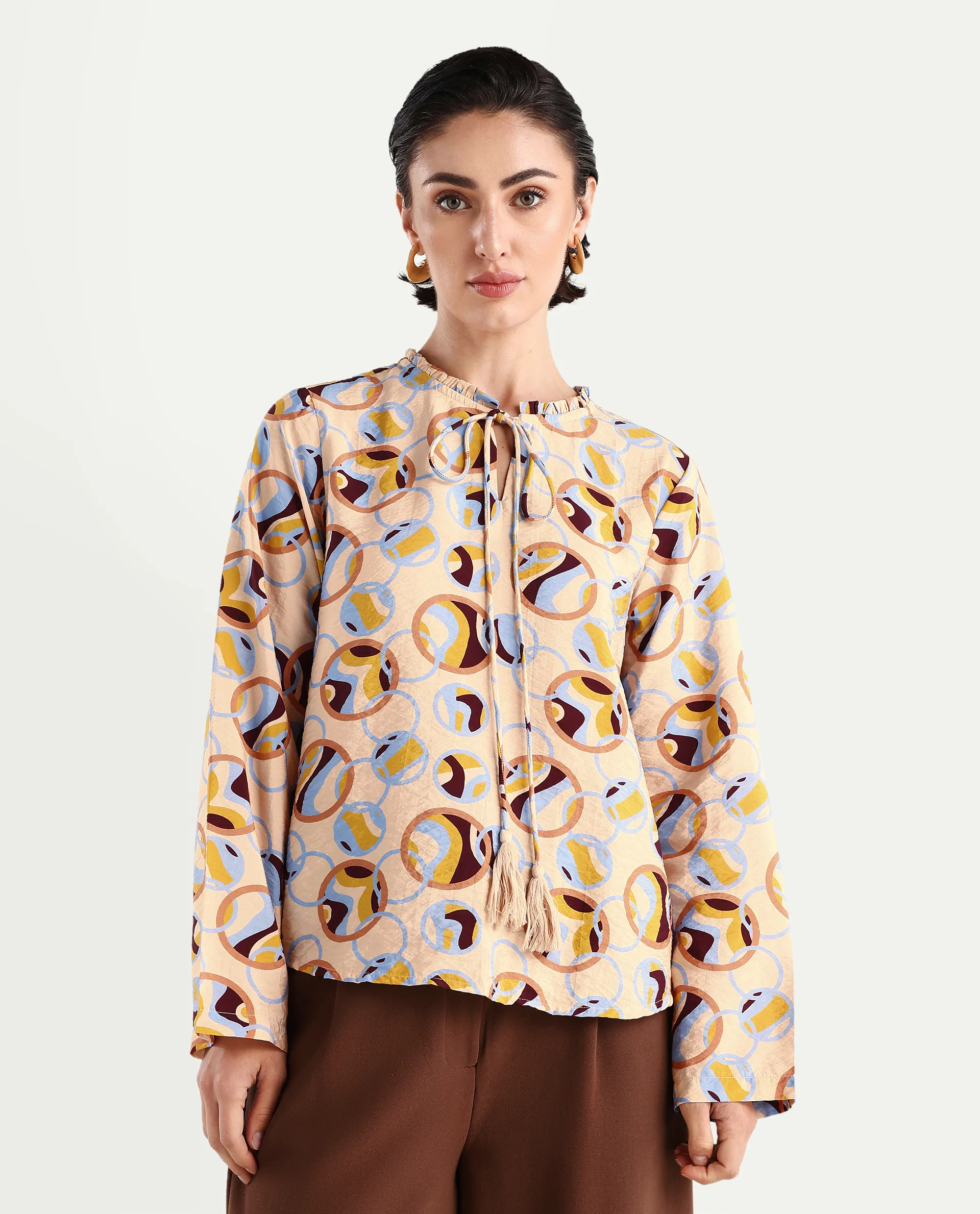 Rareism Women's Nili Multi Nylon Blend Sweetheart Neck Abstract Print Ruffled Sleeve Regular Fit Top - Image 4