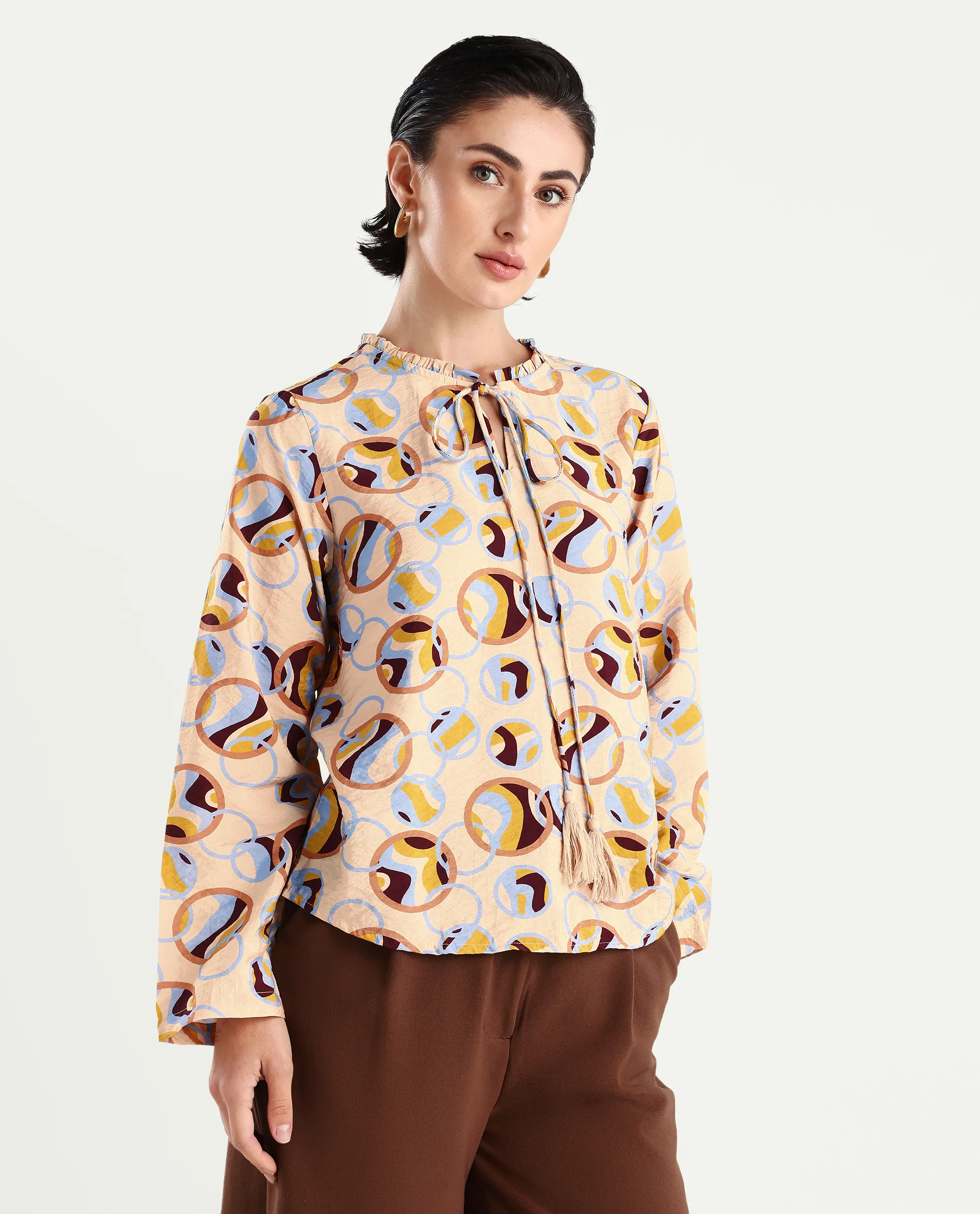 Rareism Women's Nili Multi Nylon Blend Sweetheart Neck Abstract Print Ruffled Sleeve Regular Fit Top - Image 6
