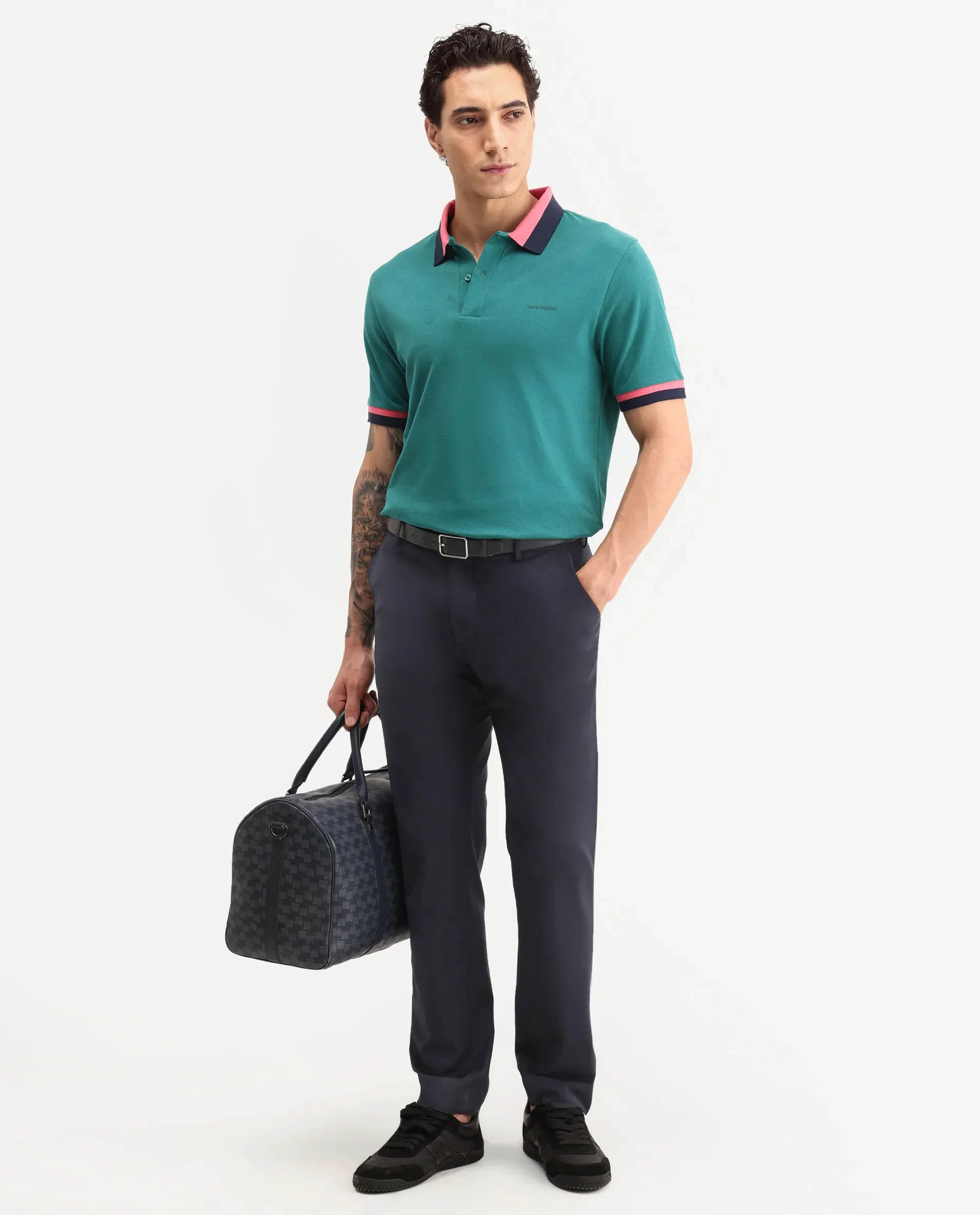 Rare Rabbit Men's Nilo Green Cotton Spread Collar Button Regular Fit Plain Polo - Image 2
