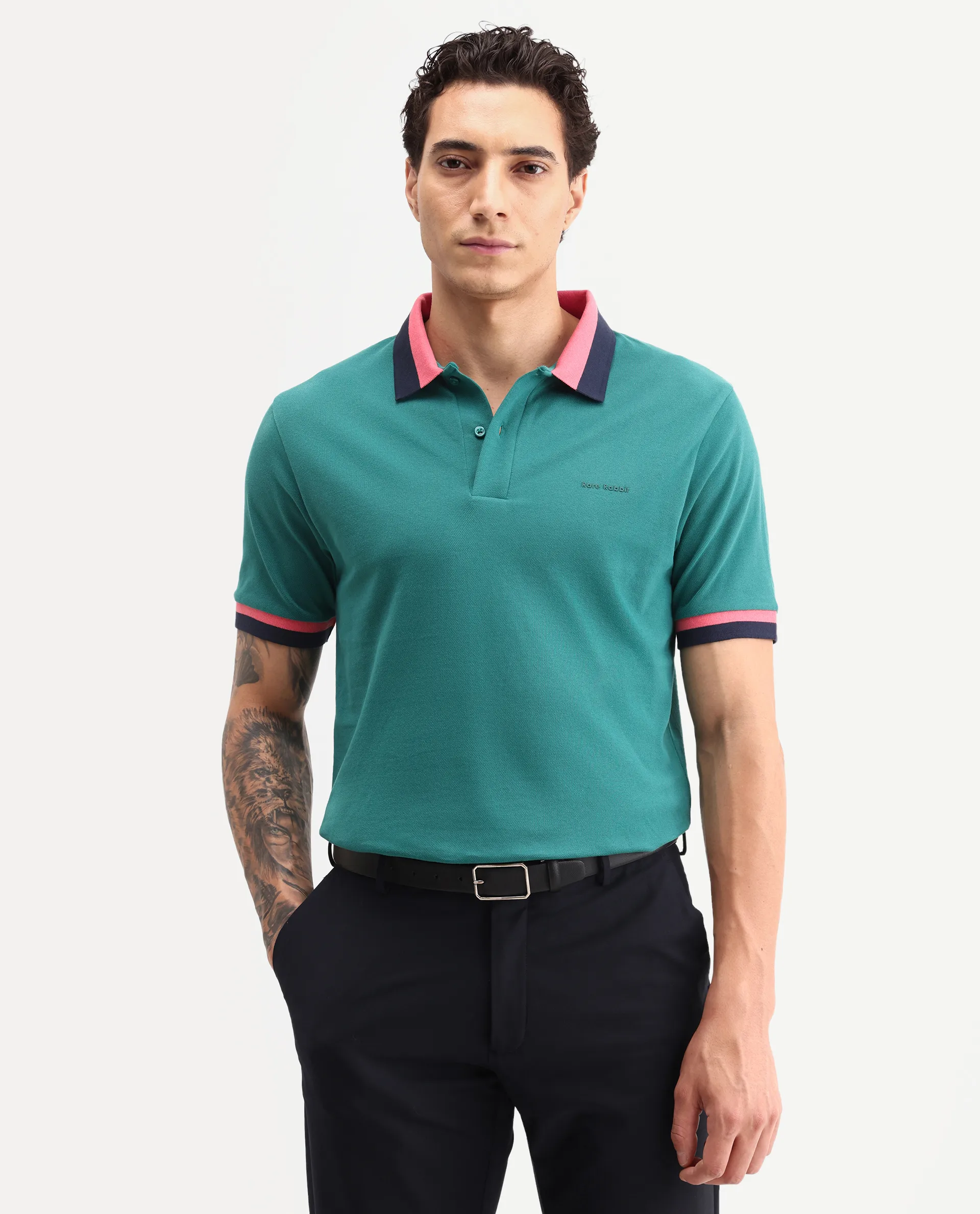 Rare Rabbit Men's Nilo Green Cotton Spread Collar Button Regular Fit Plain Polo - Image 3