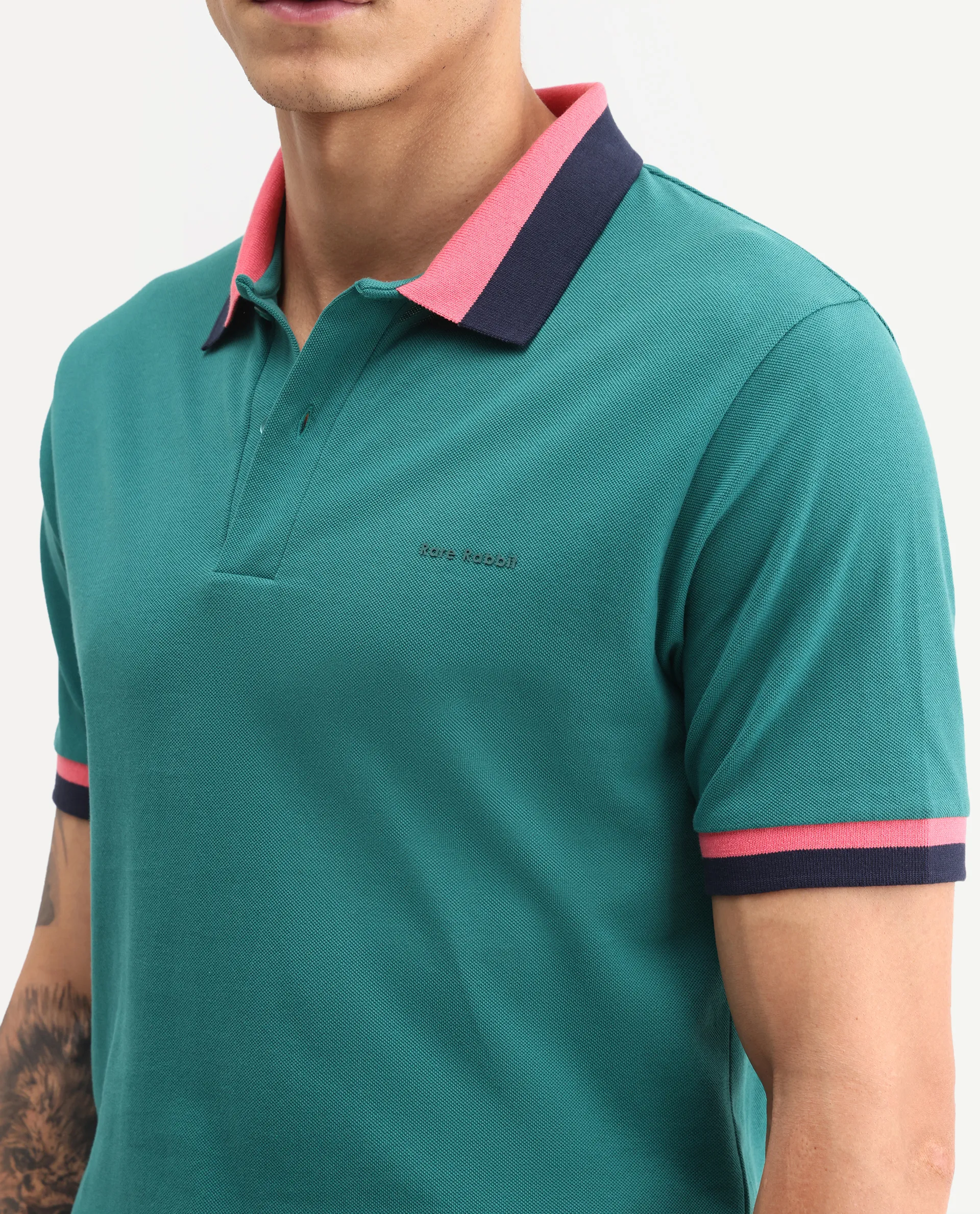 Rare Rabbit Men's Nilo Green Cotton Spread Collar Button Regular Fit Plain Polo - Image 4
