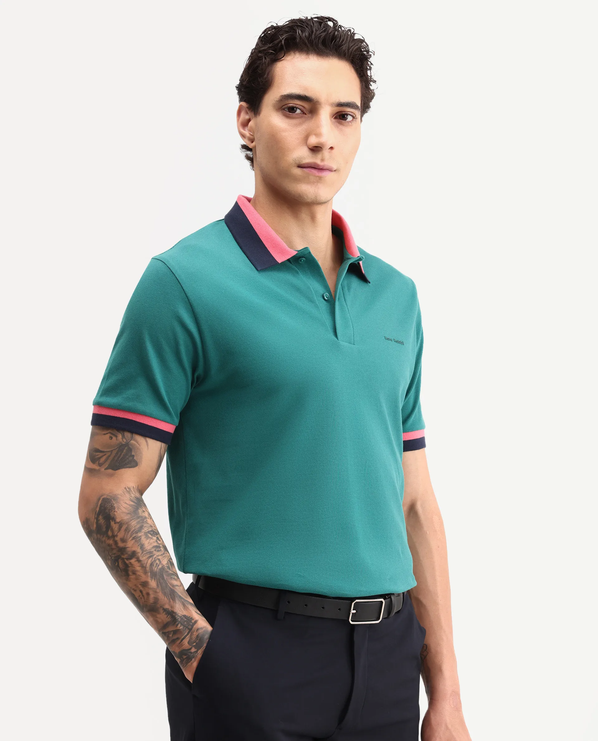 Rare Rabbit Men's Nilo Green Cotton Spread Collar Button Regular Fit Plain Polo - Image 5