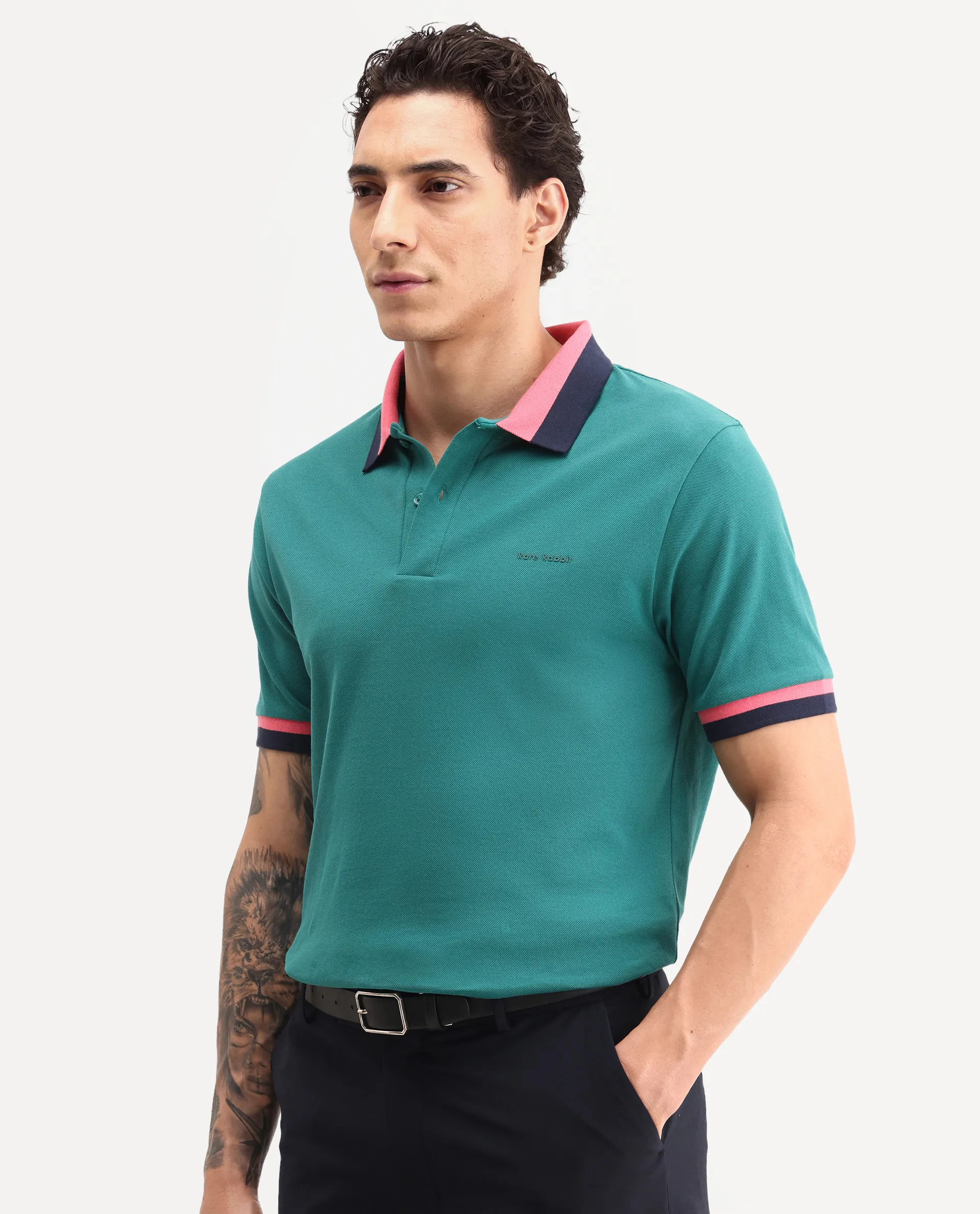 Rare Rabbit Men's Nilo Green Cotton Spread Collar Button Regular Fit Plain Polo - Image 6