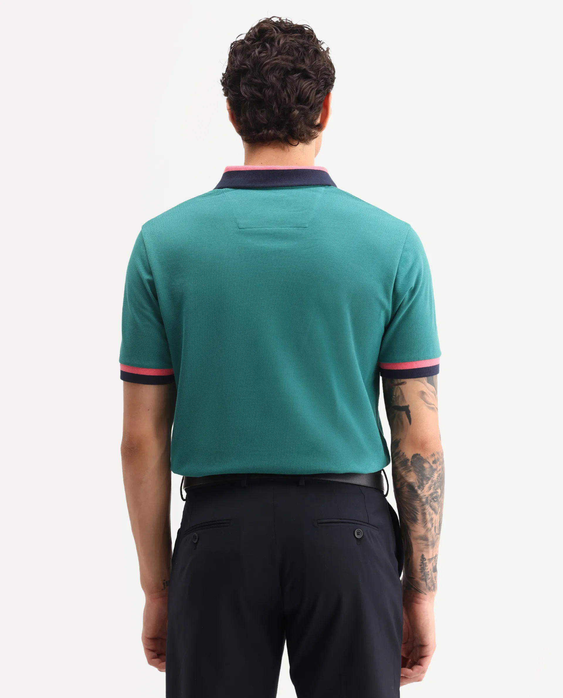 Rare Rabbit Men's Nilo Green Cotton Spread Collar Button Regular Fit Plain Polo - Image 7
