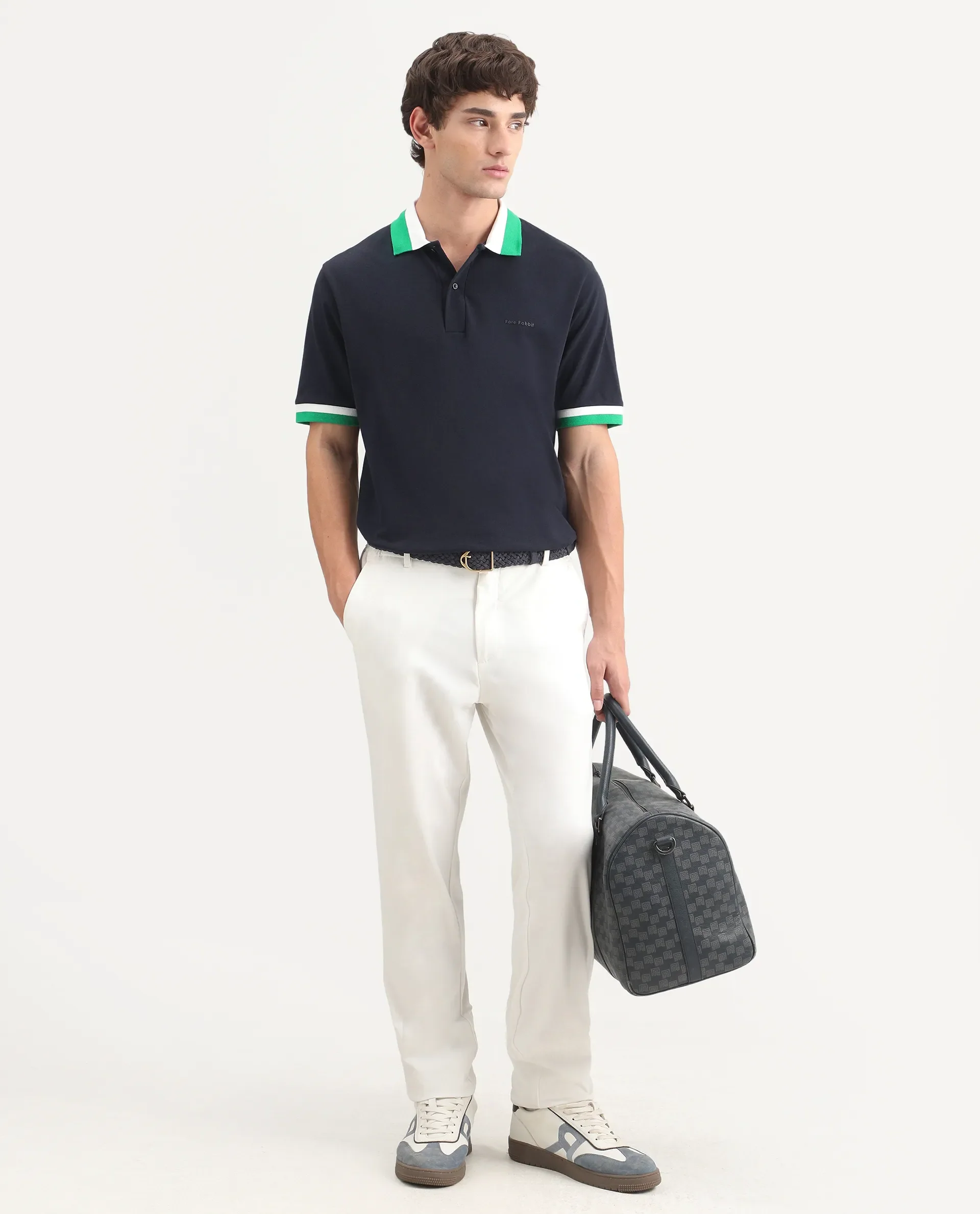 Rare Rabbit Men's Nilo Navy Cotton Spread Collar Button Regular Fit Plain Polo - Image 2