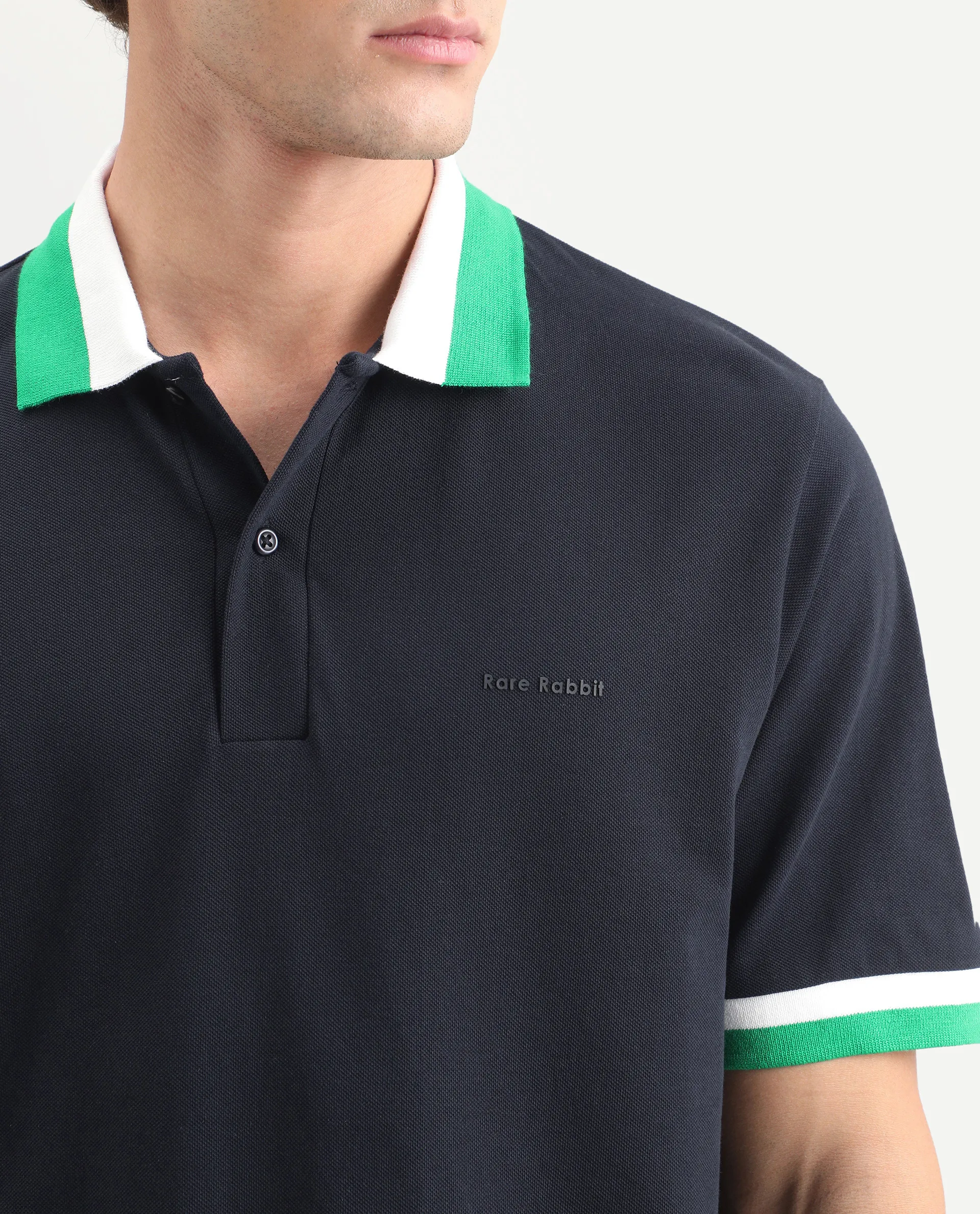 Rare Rabbit Men's Nilo Navy Cotton Spread Collar Button Regular Fit Plain Polo - Image 3