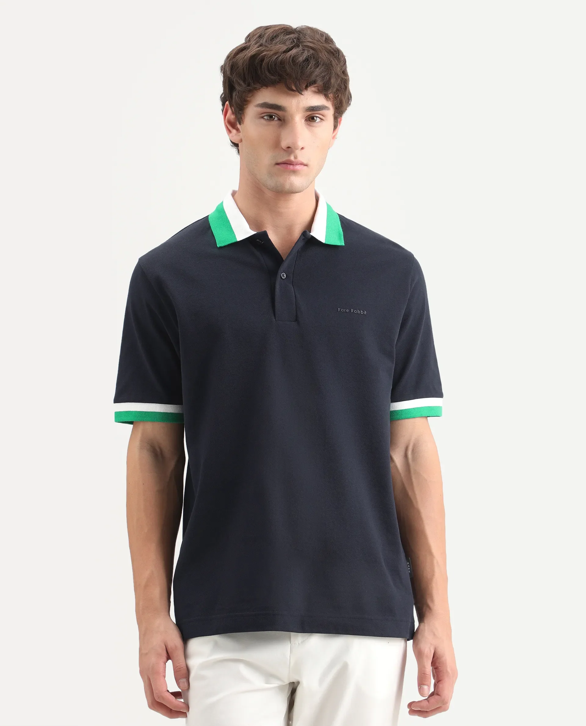 Rare Rabbit Men's Nilo Navy Cotton Spread Collar Button Regular Fit Plain Polo - Image 4