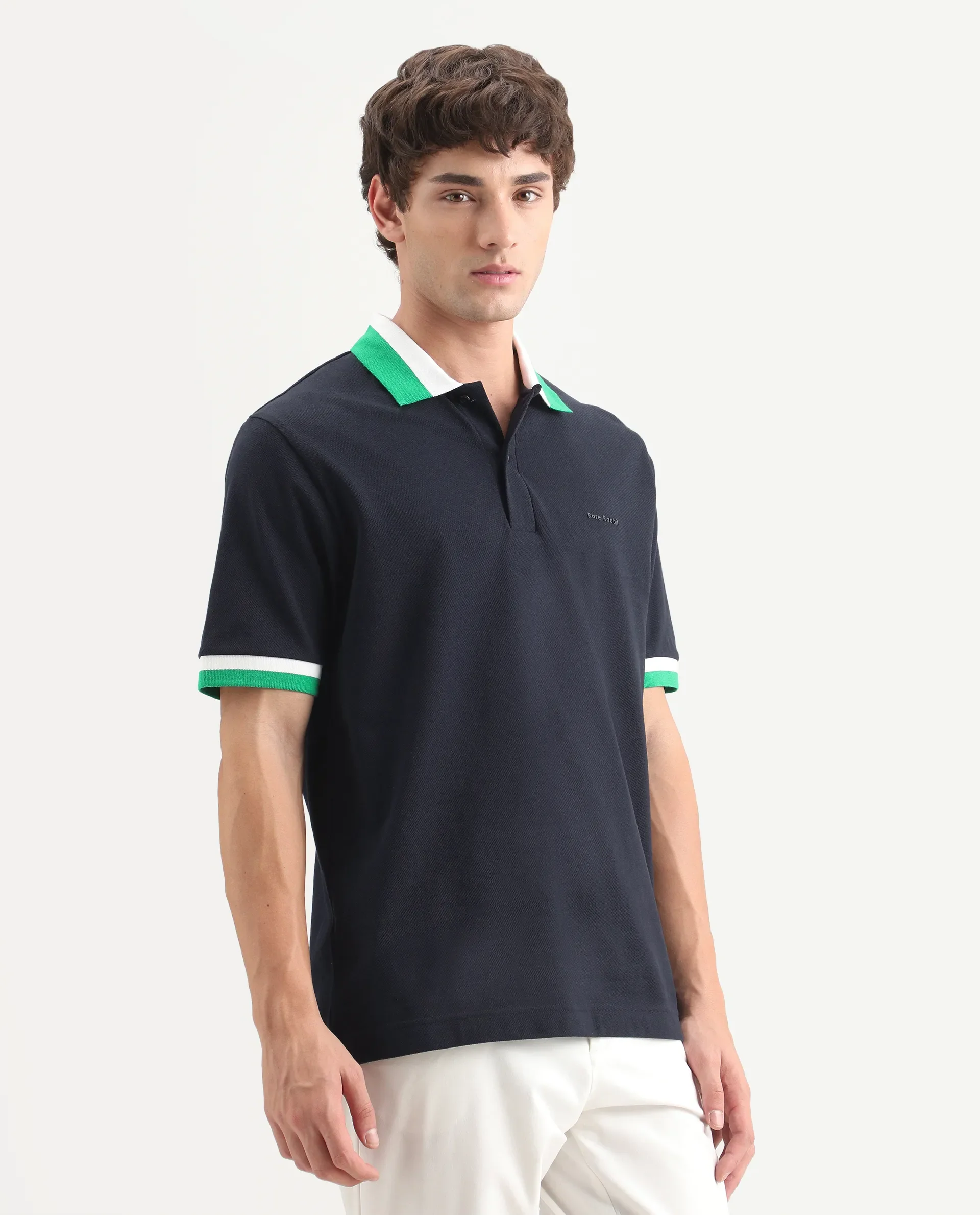 Rare Rabbit Men's Nilo Navy Cotton Spread Collar Button Regular Fit Plain Polo - Image 5