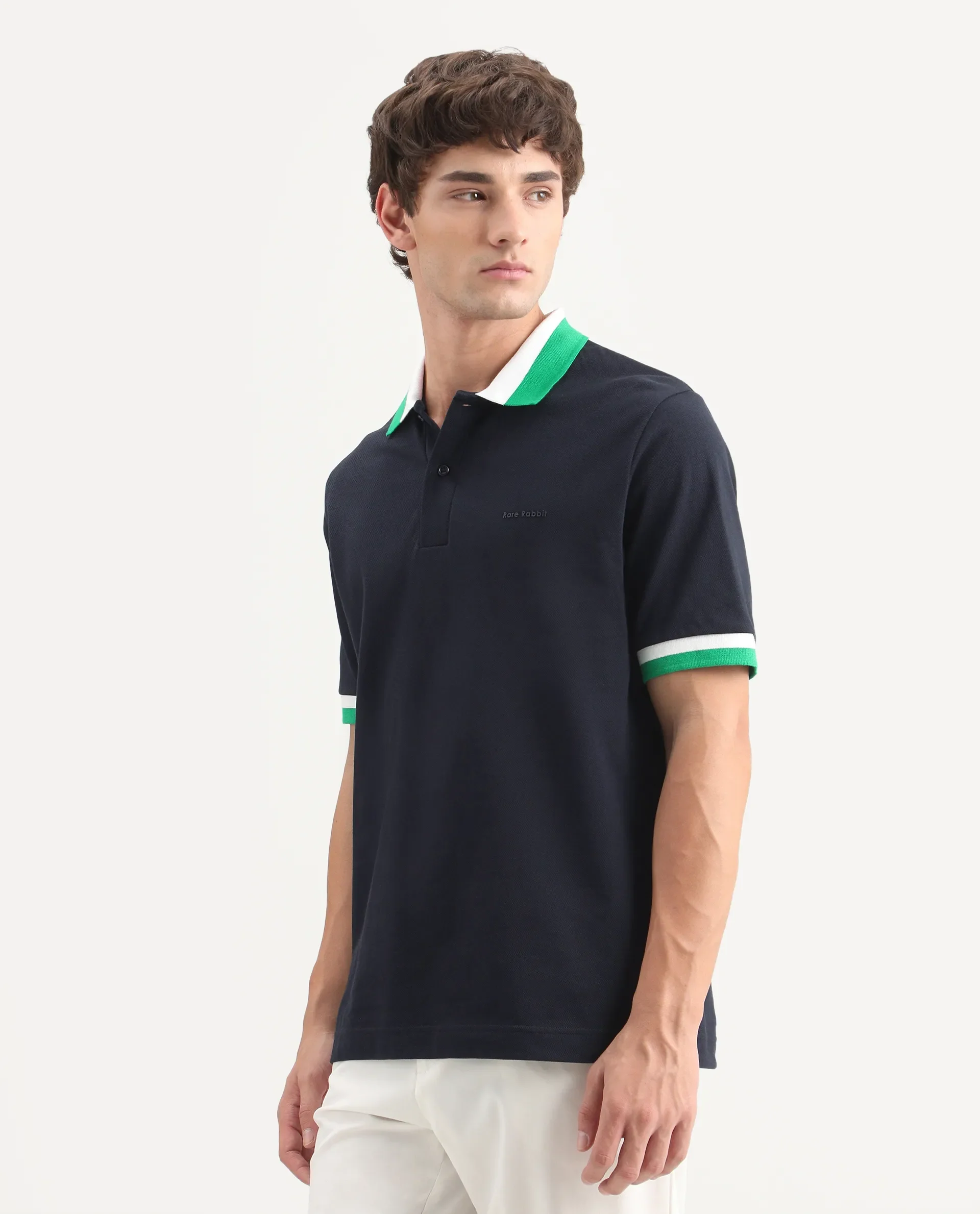 Rare Rabbit Men's Nilo Navy Cotton Spread Collar Button Regular Fit Plain Polo - Image 6
